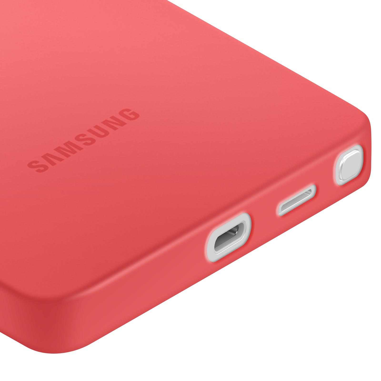 Close-up van een rode telefoonhoes met het SAMSUNG-logo en poorten.
