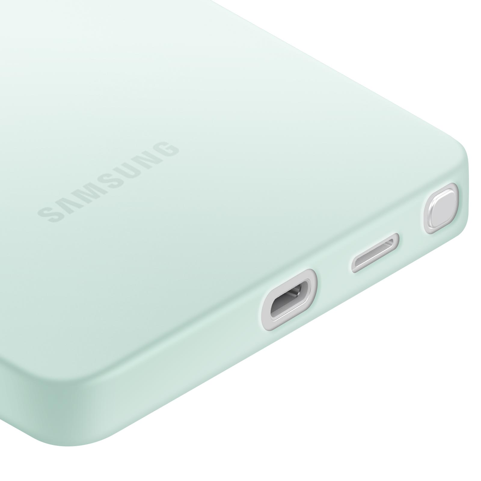 Zbliżenie na miętowe etui na telefon. Widoczne jest logo SAMSUNG. Posiada porty ładowania z boku.