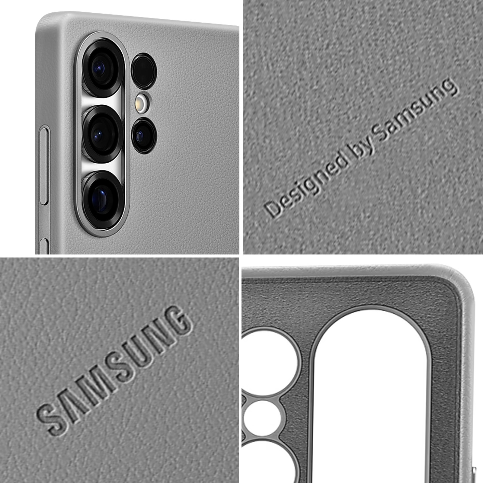 Gros plan sur une coque de téléphone grise avec triple caméra et texte 'Designed by Samsung'. 'Samsung' en relief.