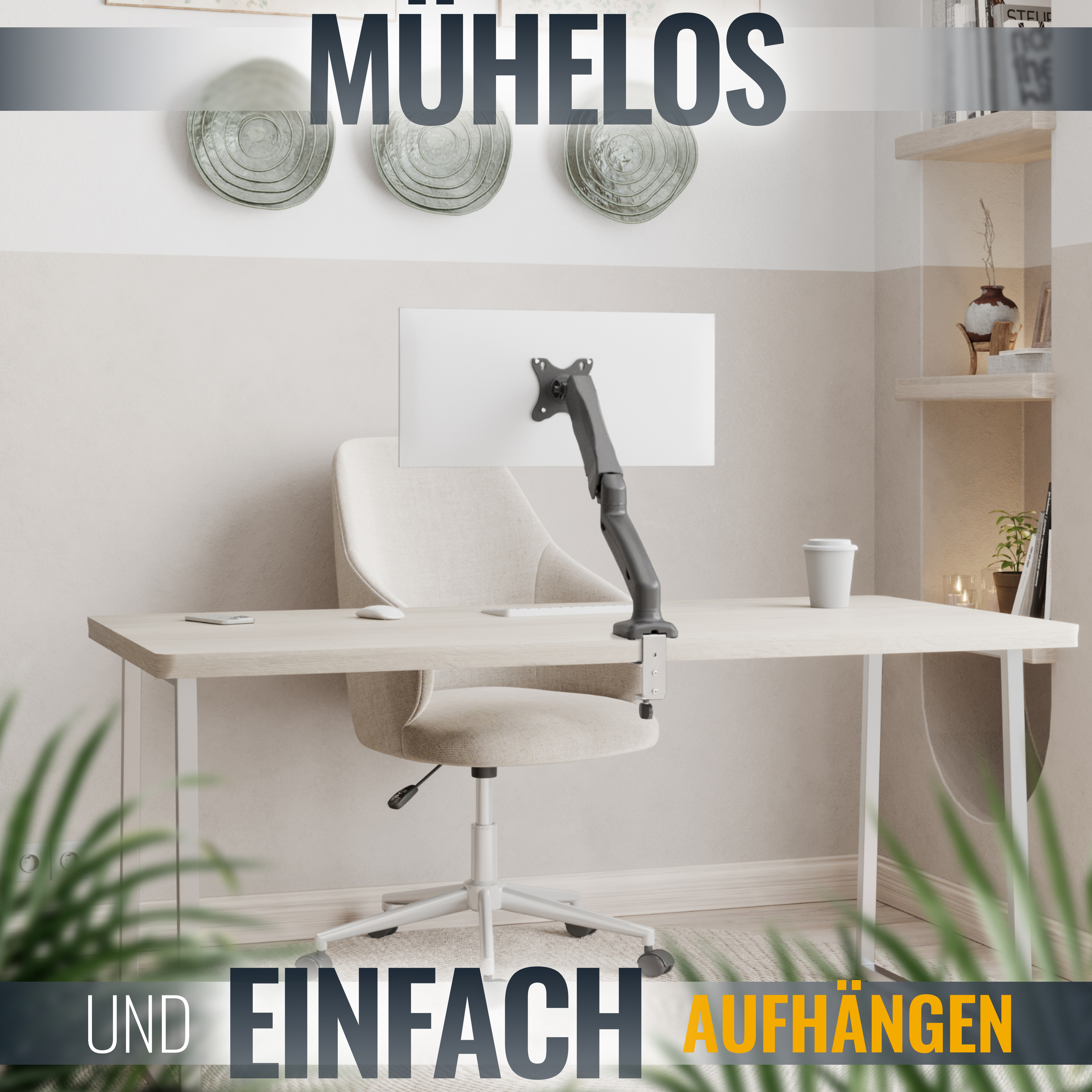 Ein Schreibtisch mit Monitorhalterung, einem Stuhl und dem Wort 'MÜHELOS' oben.