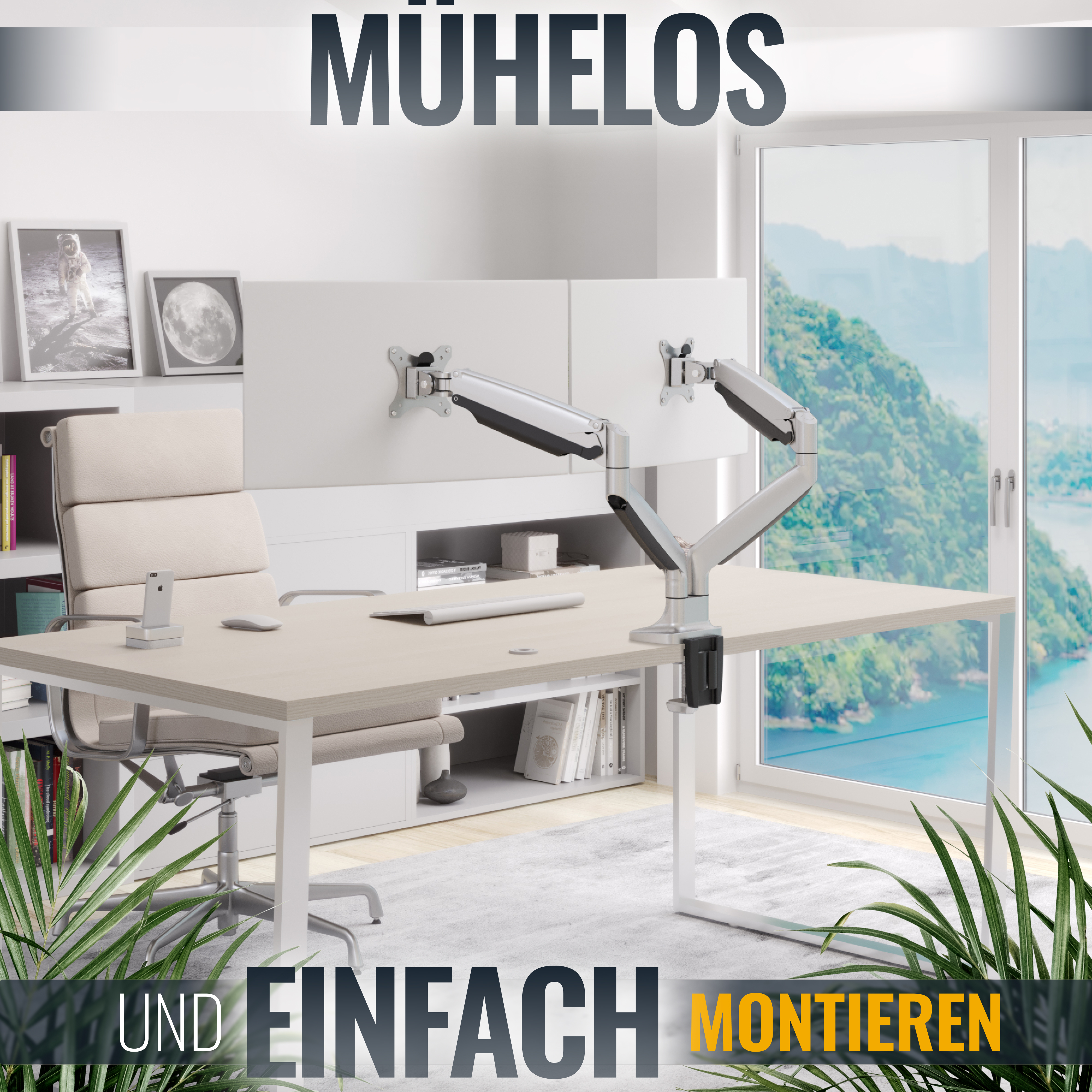 Ein Büro mit zwei Monitoren, die an einem weißen Schreibtisch befestigt sind. Grüne Pflanzen und ein Fenster sind sichtbar.
