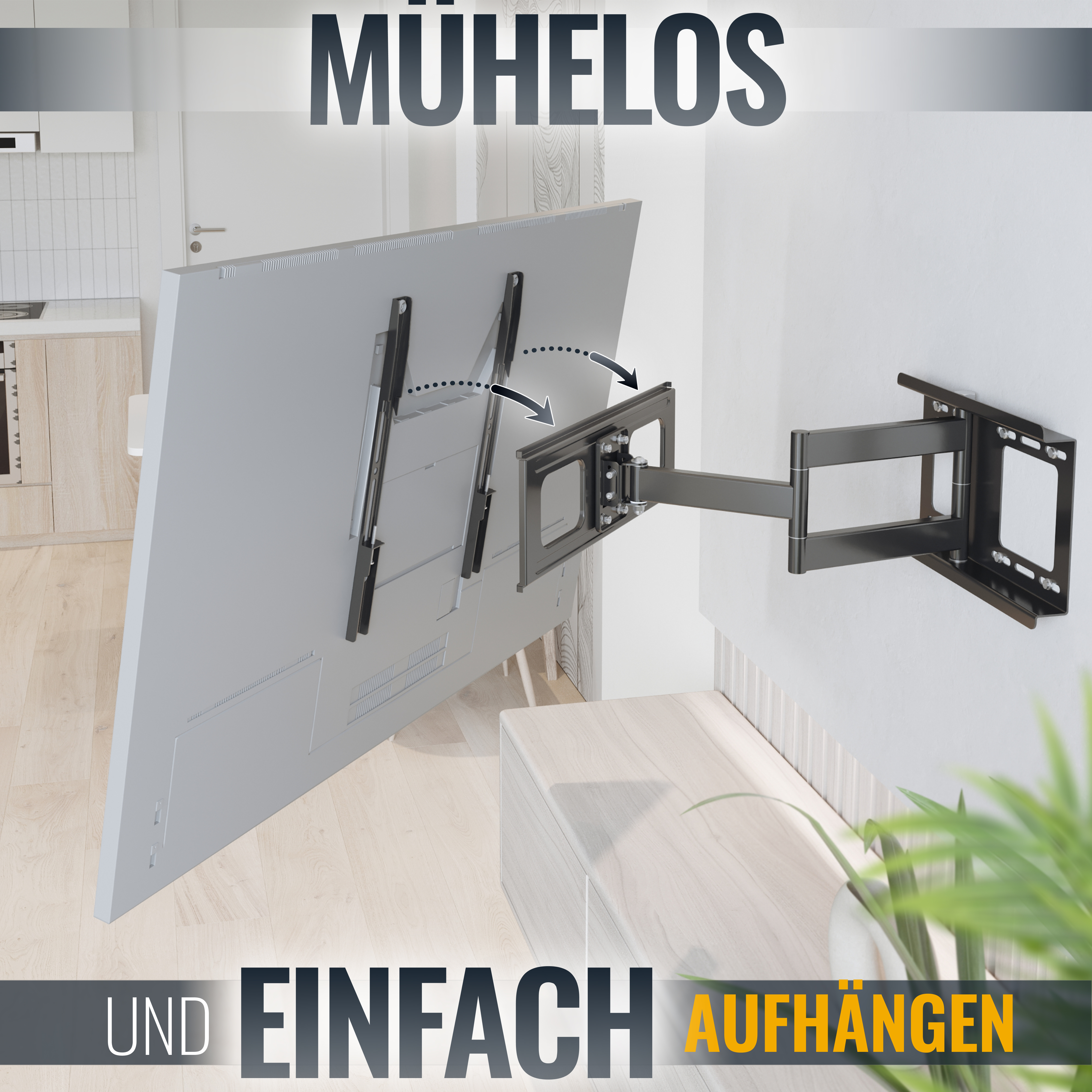 Ein Fernseher an der Wand montiert, mit Halterung und Text über einfache Installation.
