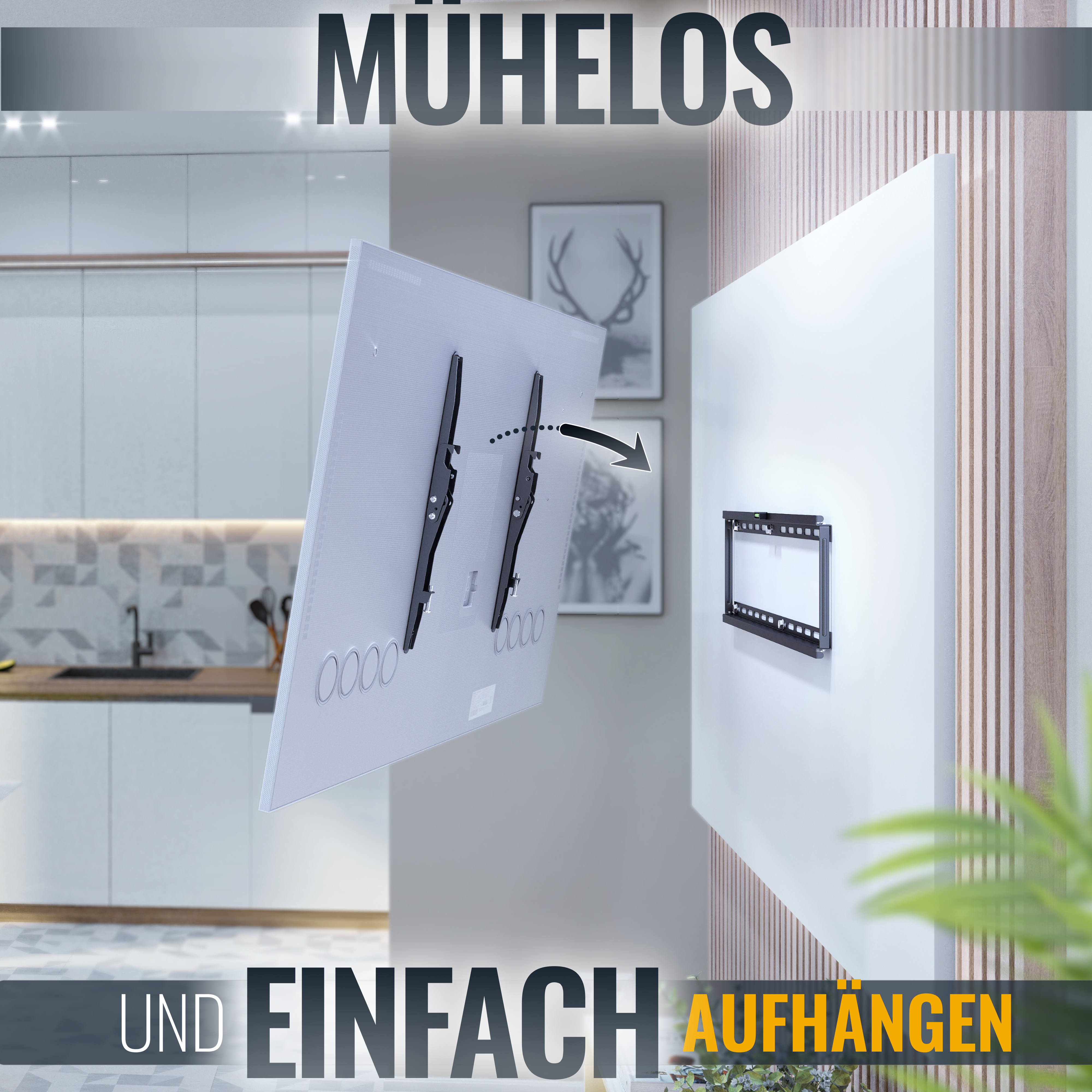 Fernseher wird an einer weißen Wand montiert. Schwarze Halterungen sind am Fernseher zu sehen.