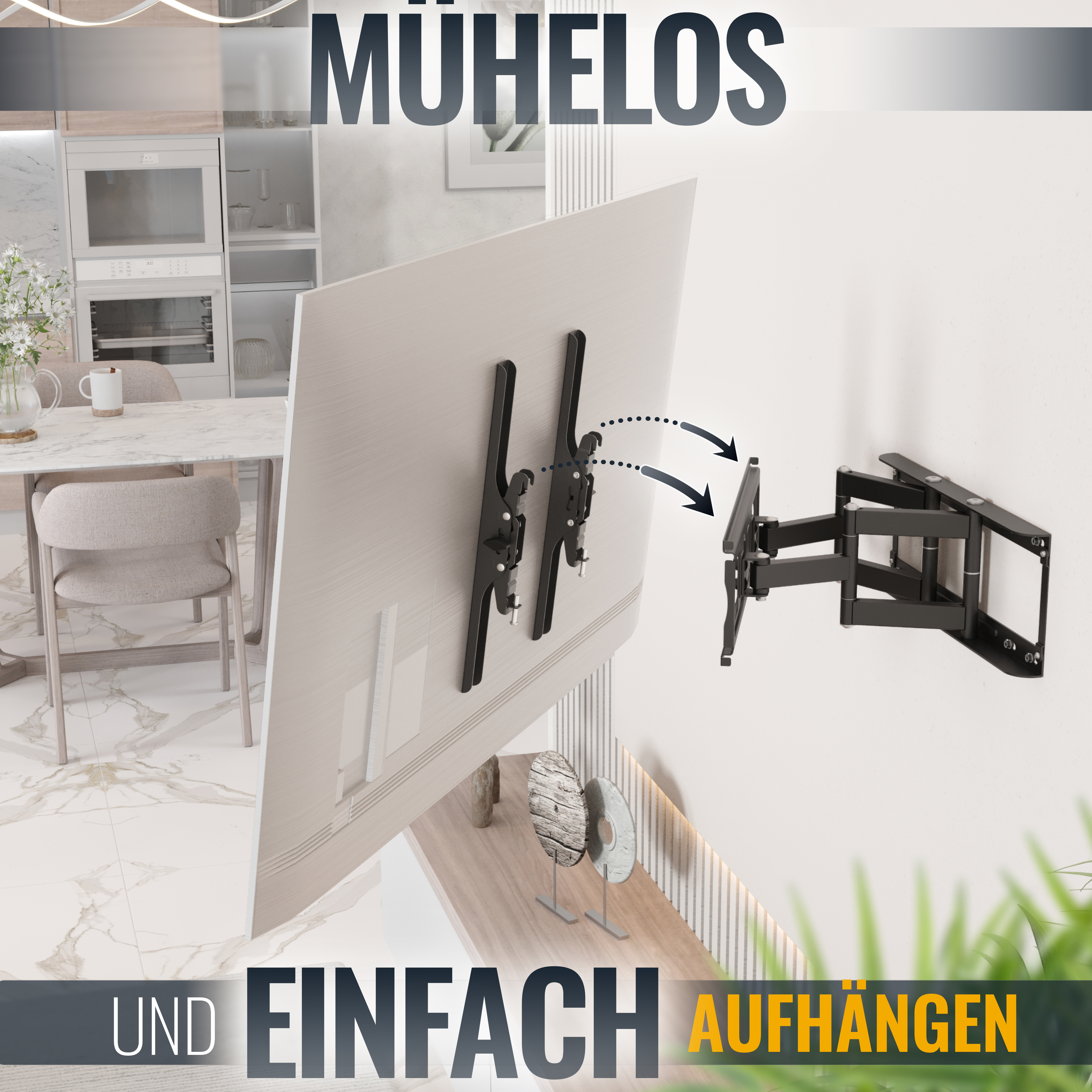 Ein Fernseher mit Halterung an der Wand. Einfach aufzuhängen. Mühelos.