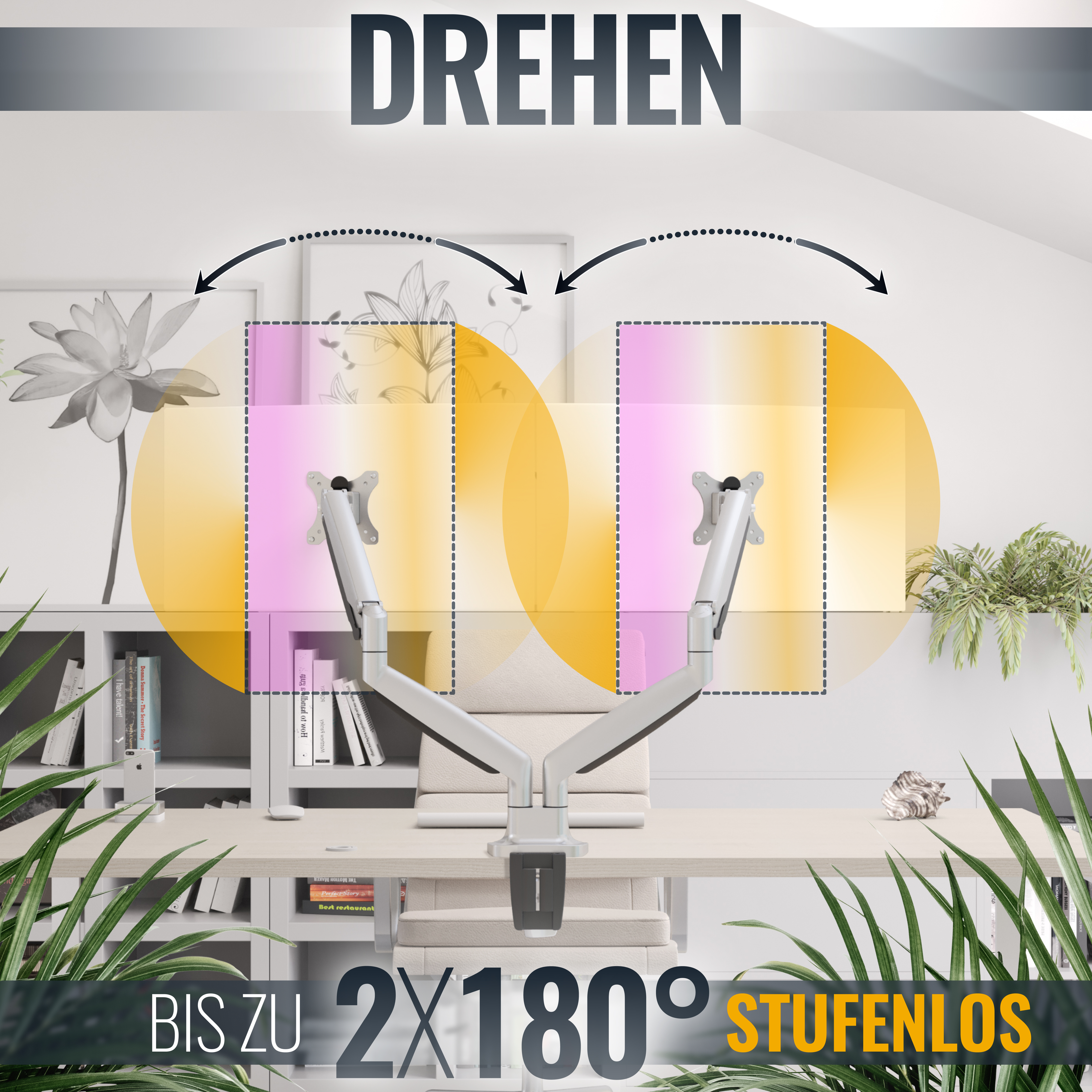 Doppelmonitorarm auf einem Schreibtisch, mit Rotationsanzeigen und einem Hintergrund aus Pflanzen und einem Fenster.