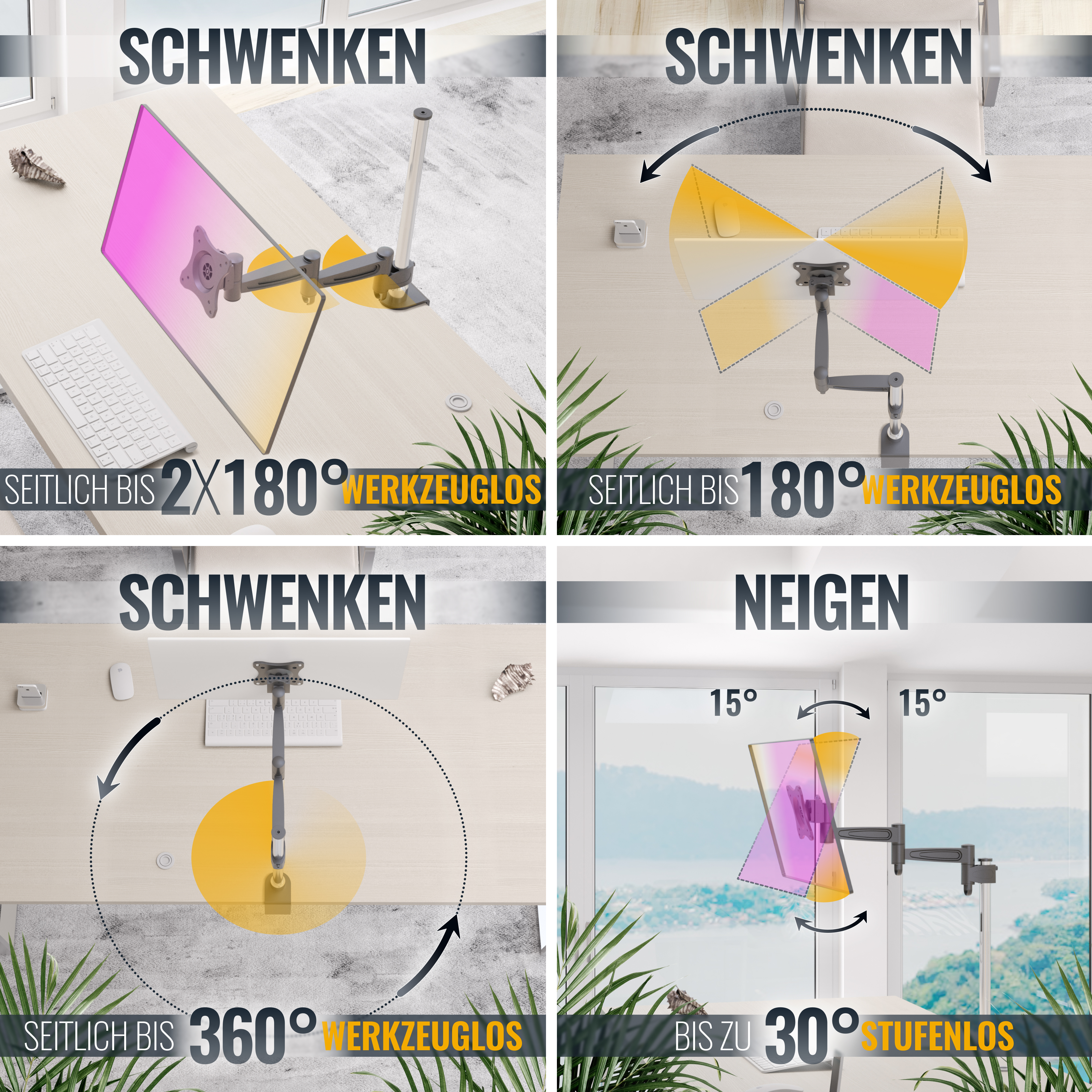 Diagramme, die die Bewegung eines Monitorarms zeigen: 2x180°, 180°, 360° seitlich, und 30° Neigung.
