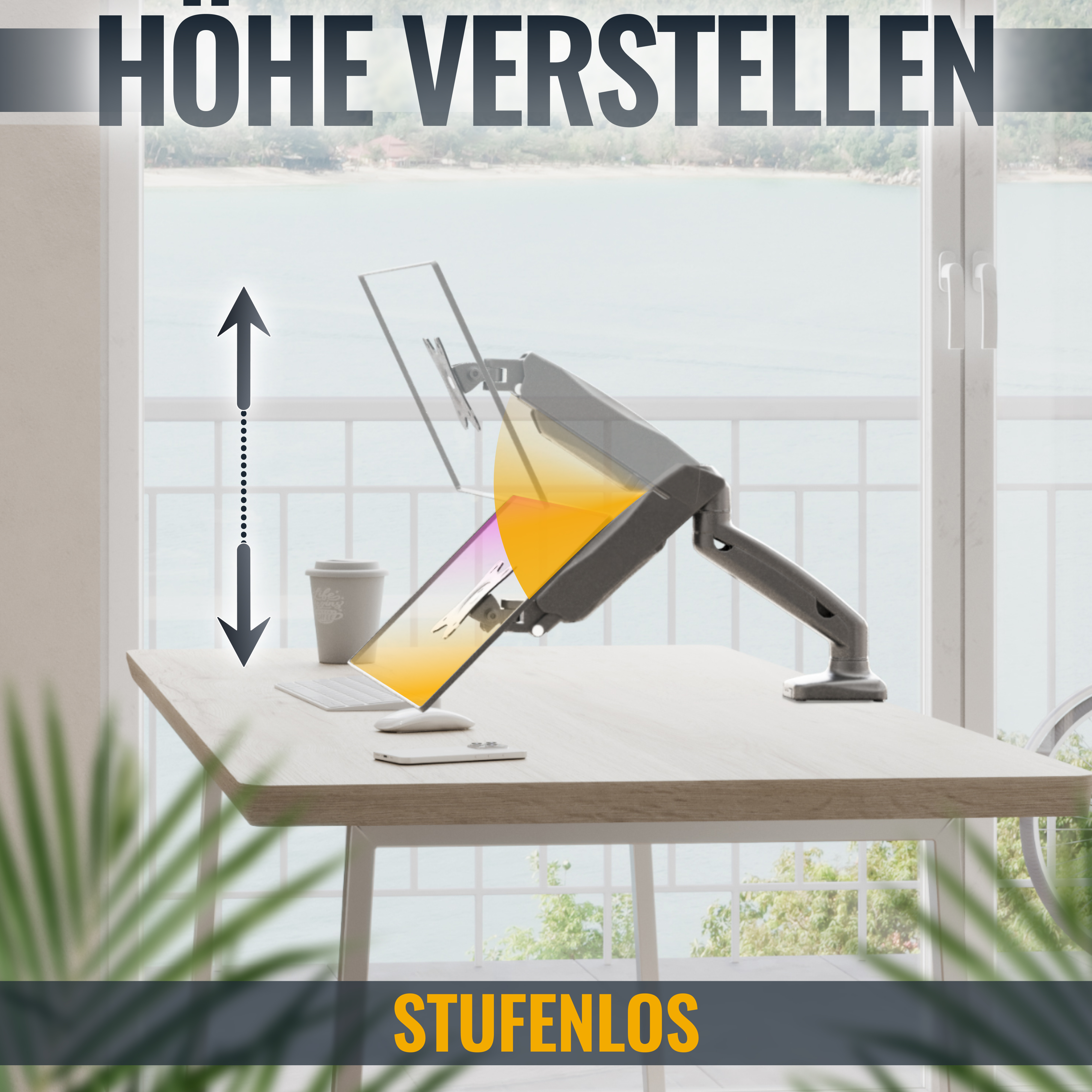 Schreibtisch mit Tablet-Bildschirm. Der Bildschirm ist an einem Arm befestigt, der die Höhenverstellung ermöglicht.