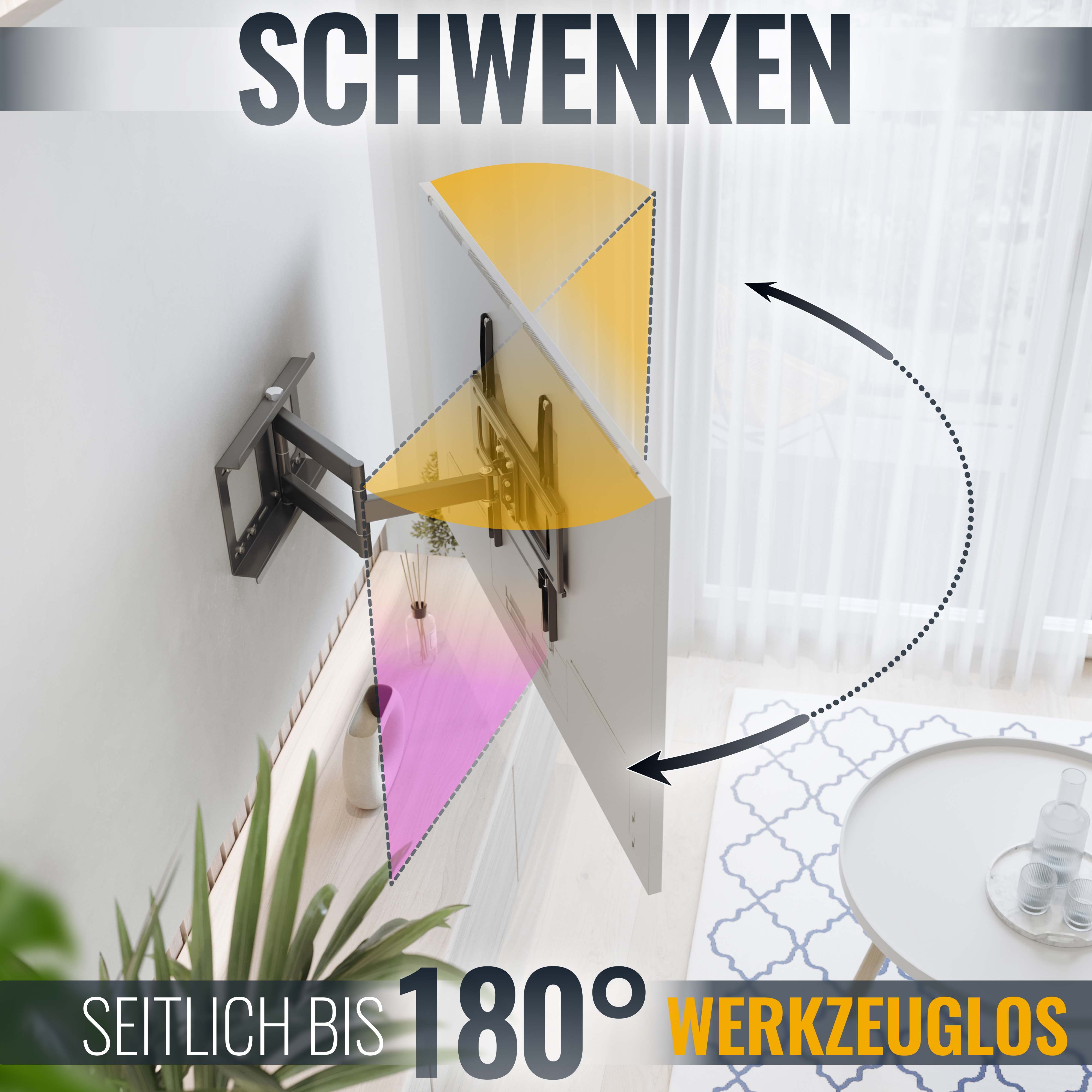 Ein Fernseher an einer Wandhalterung, die sich um 180 Grad schwenken lässt, Pfeile zeigen die Bewegung.