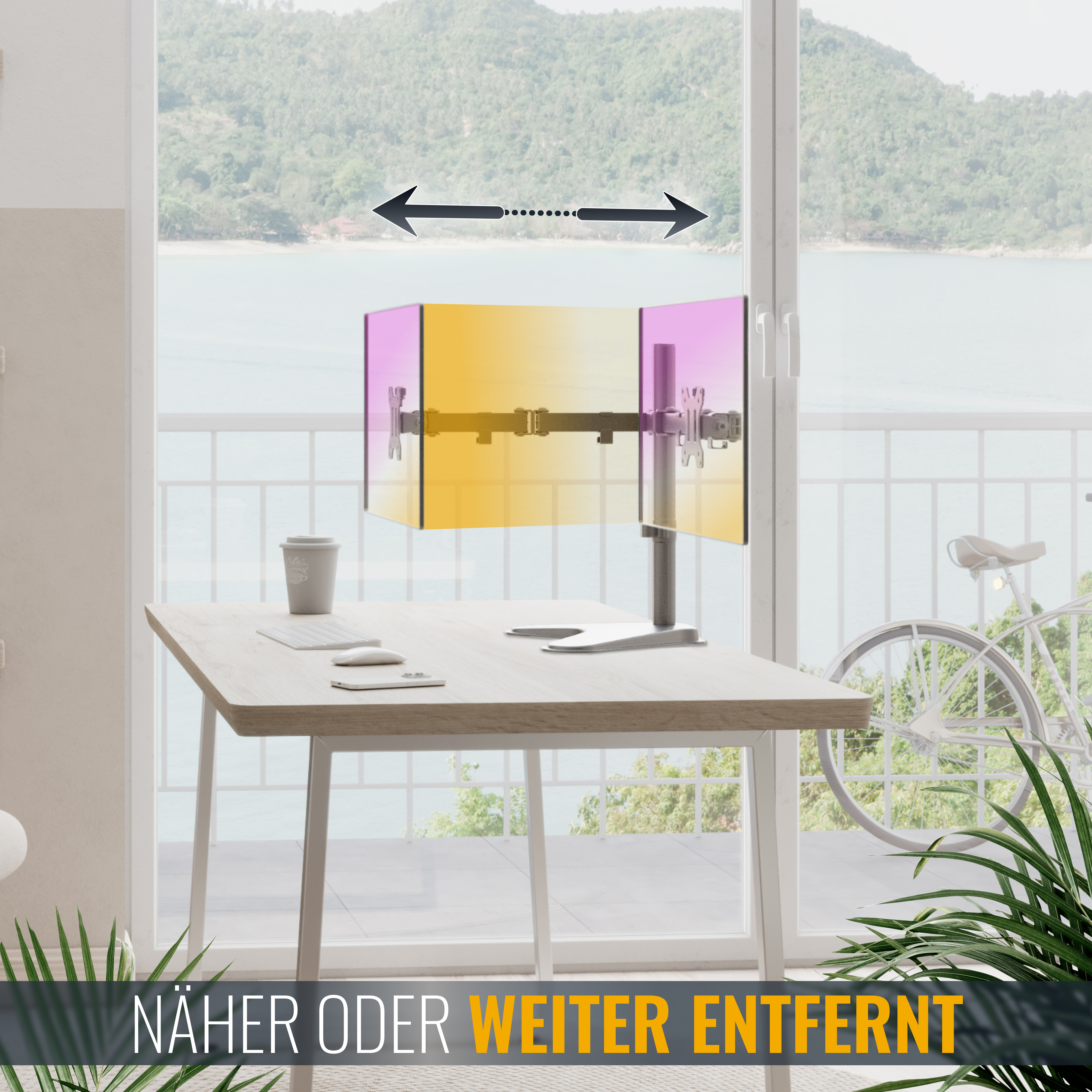 Verstellbarer Monitorständer mit zwei Bildschirmen vor einem Fenster mit Aussicht.