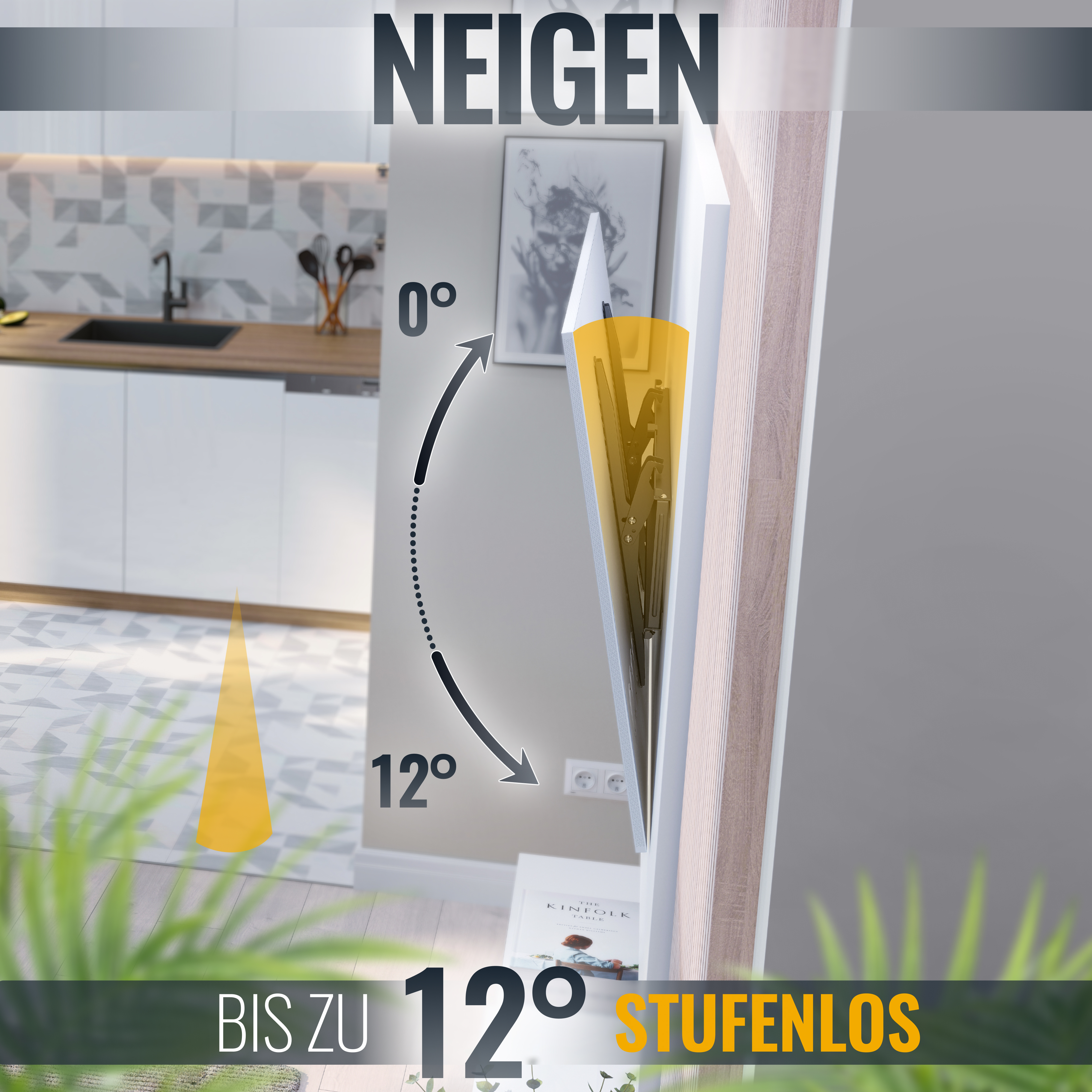 Diagramm, das einen Regenschirmständer zeigt, der sich von 0 bis 12 Grad neigt, mit Text auf Deutsch.
