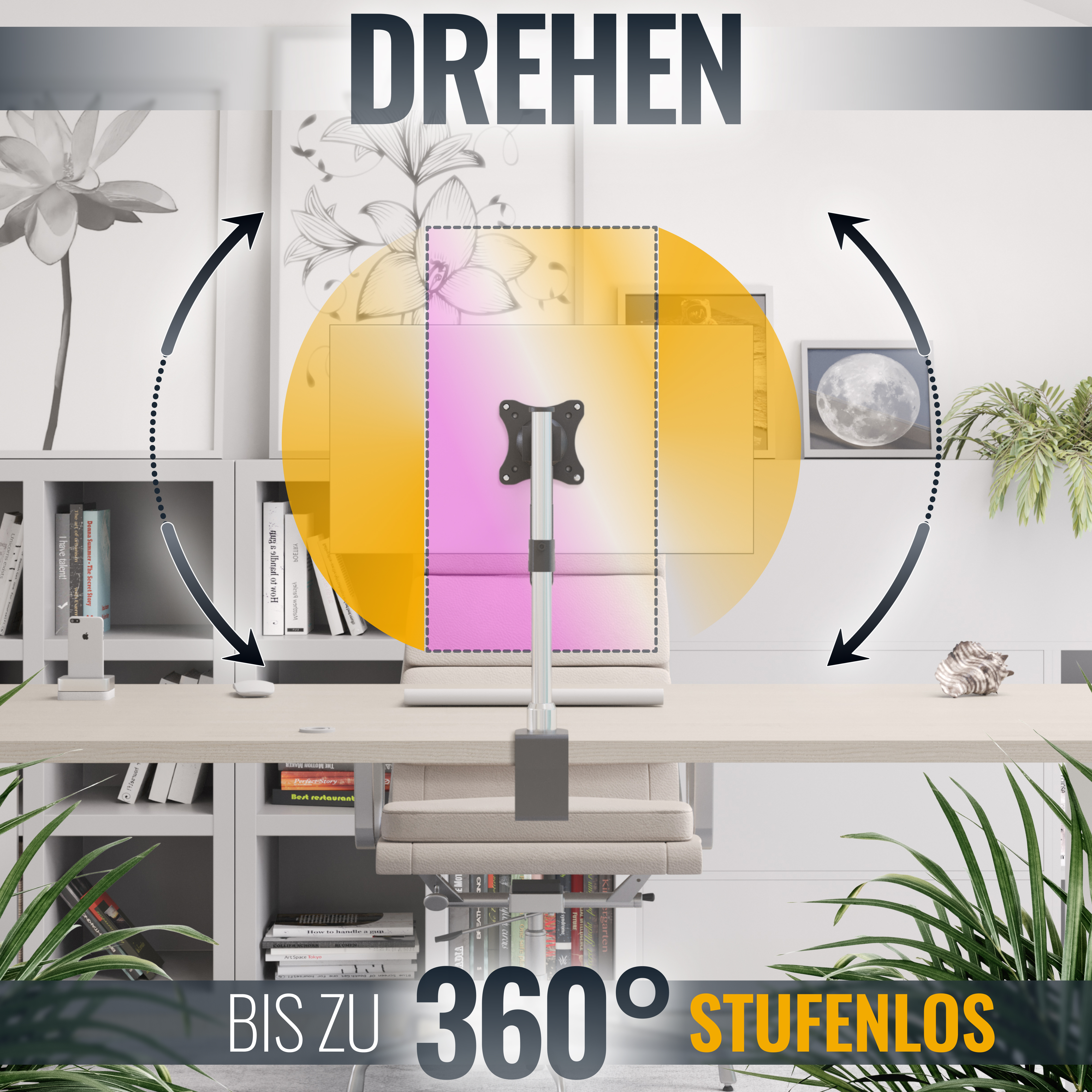 Monitorarm auf einem Schreibtisch. Gelber Kreis um den Monitor. Pflanzen und eine Katze.