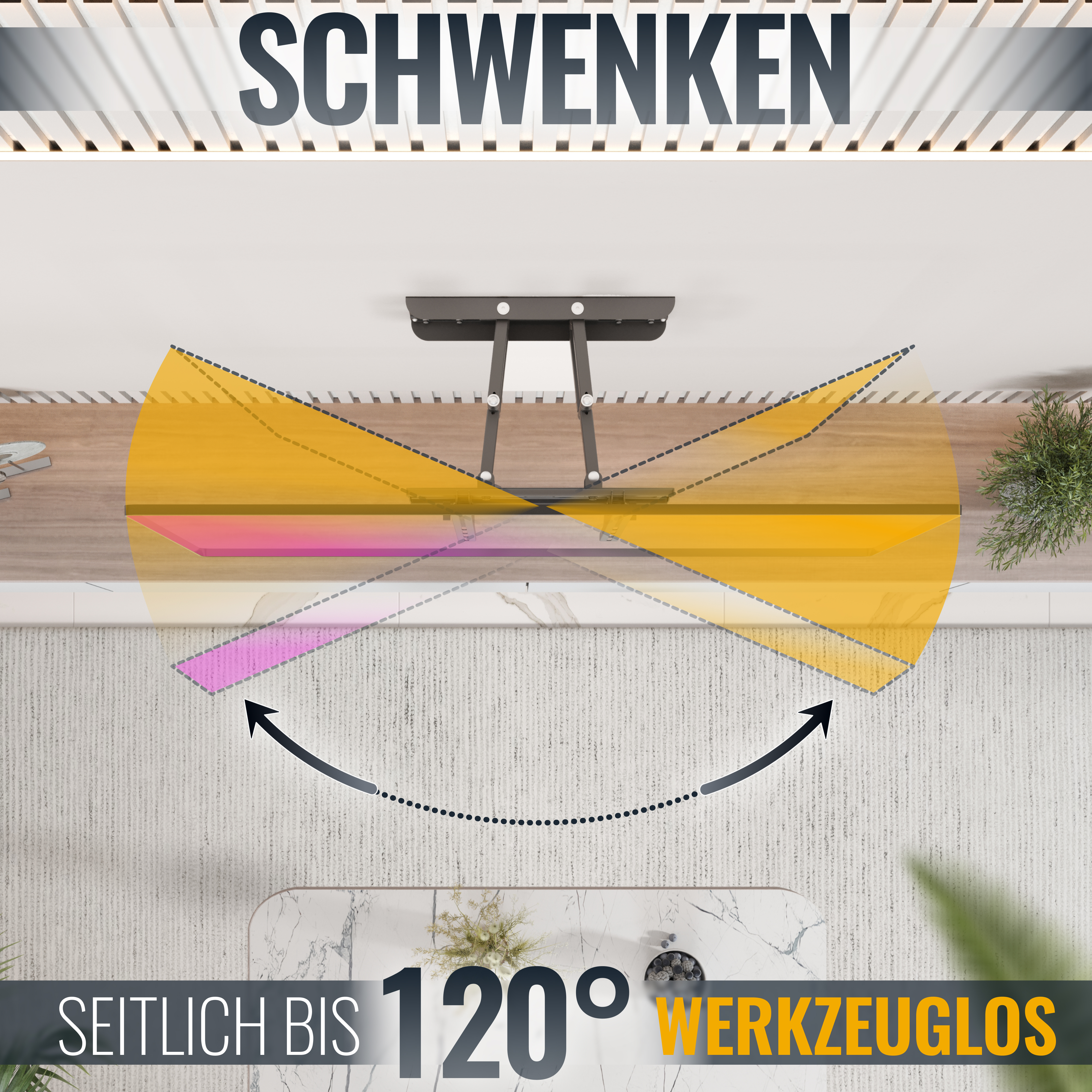Draufsicht auf eine Deckenleuchte, die ihren Schwenkbereich und ihr Design zeigt.