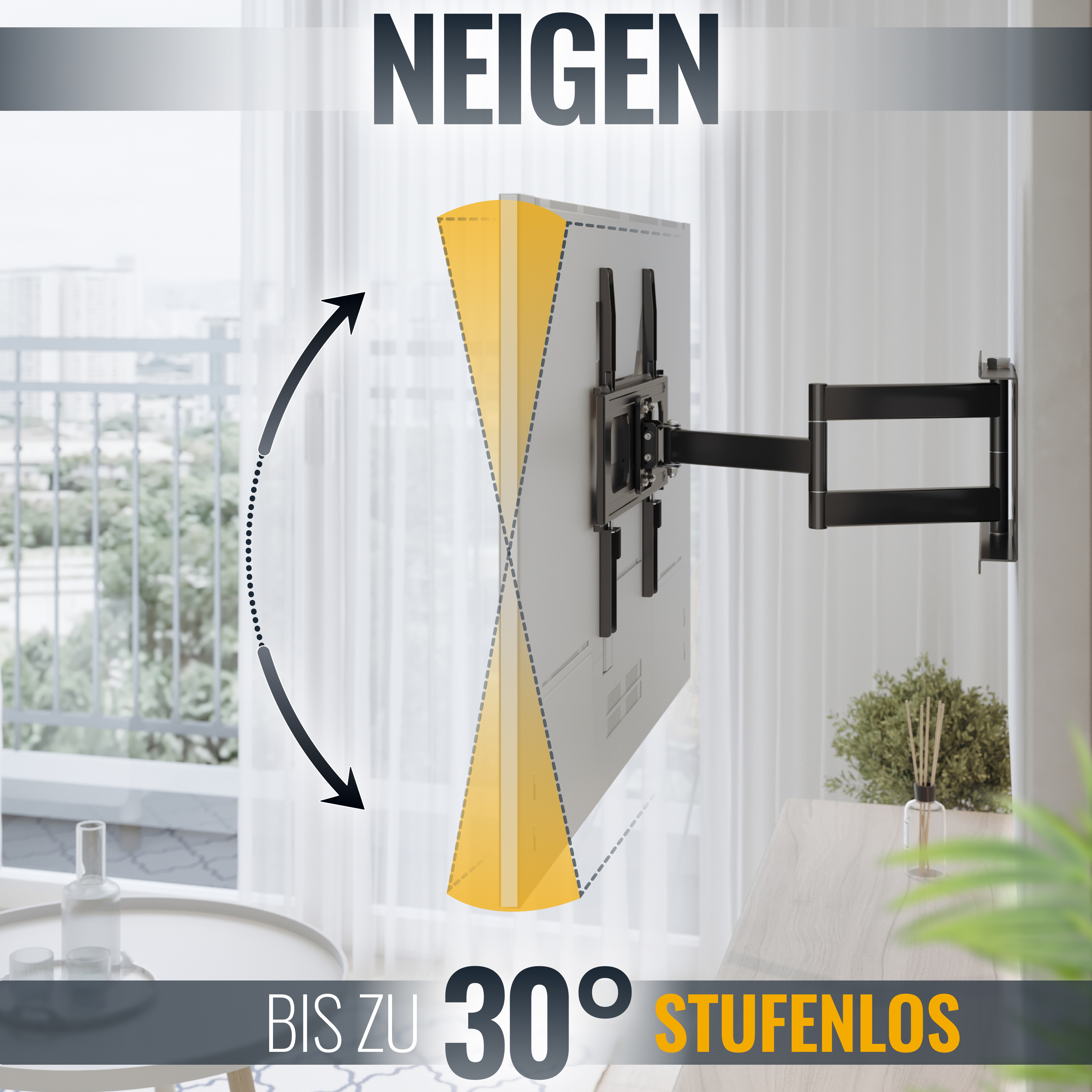 Wandhalterung für Fernseher, mit montiertem Fernseher und Text, der den Neigungswinkel angibt.