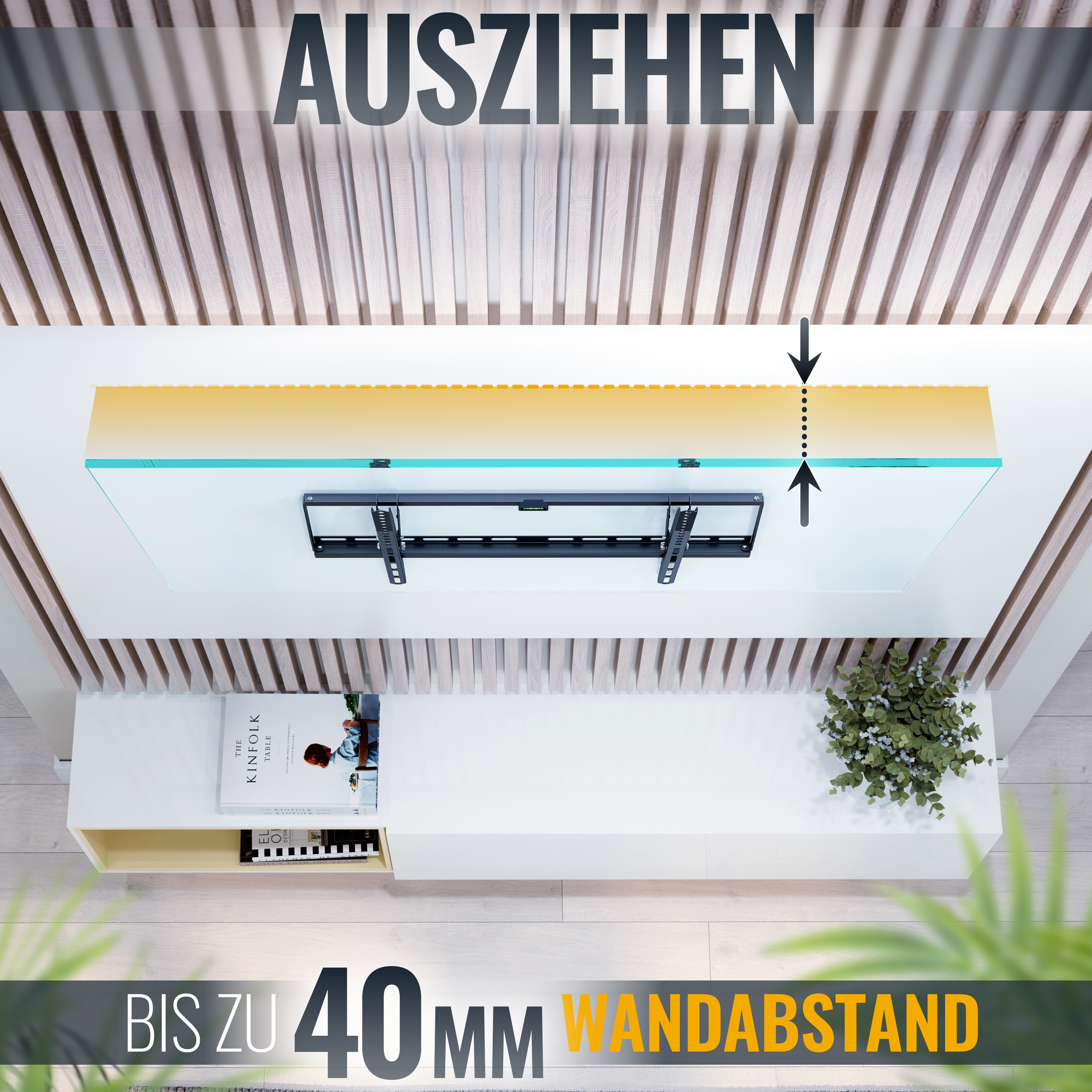 Draufsicht auf einen Fernseher an der Wand. Text auf Deutsch zeigt den Wandabstand.
