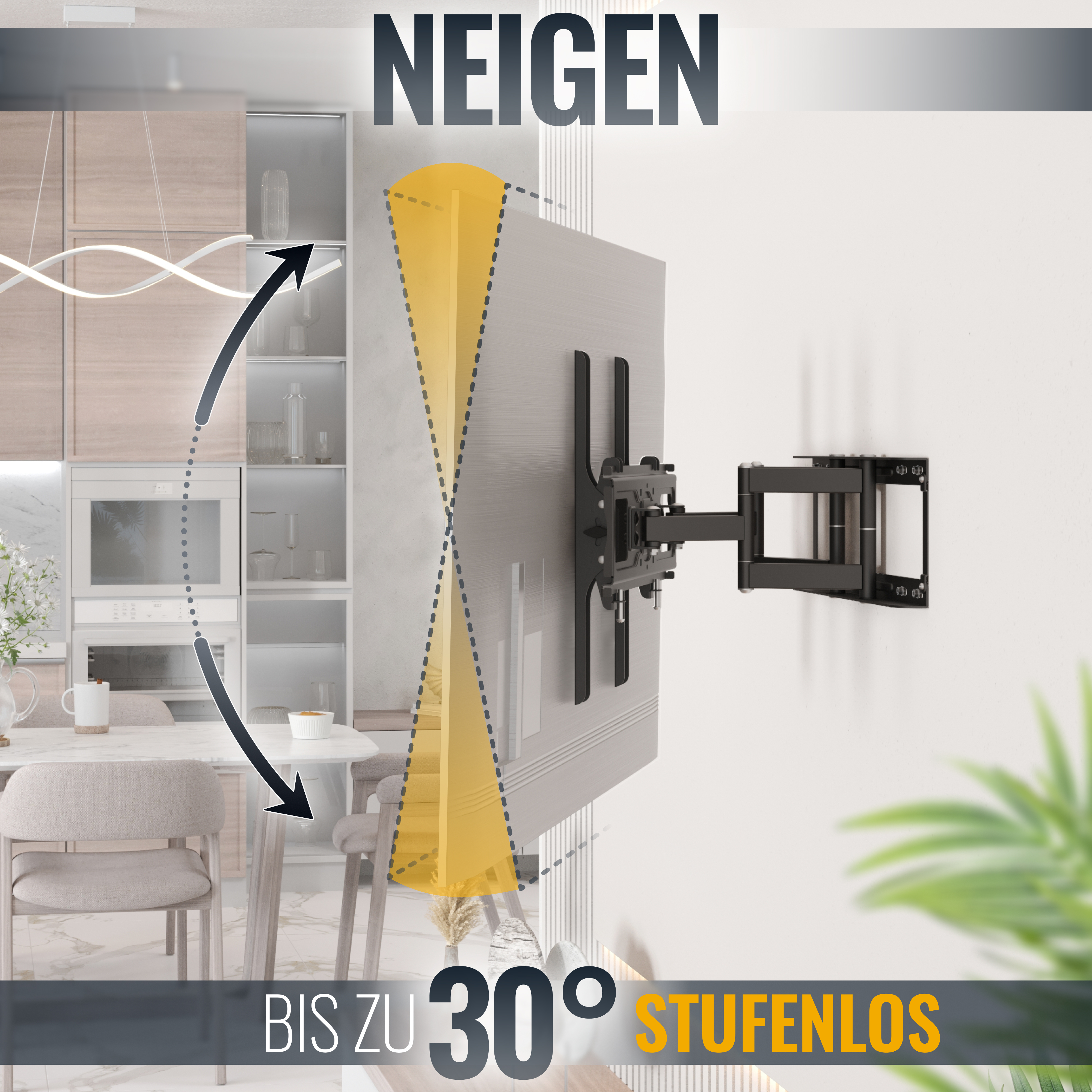 TV-Halterung an einer Wand, die die Neigungsfunktion bis zu 30 Grad zeigt, mit einer modernen Küche im Hintergrund.