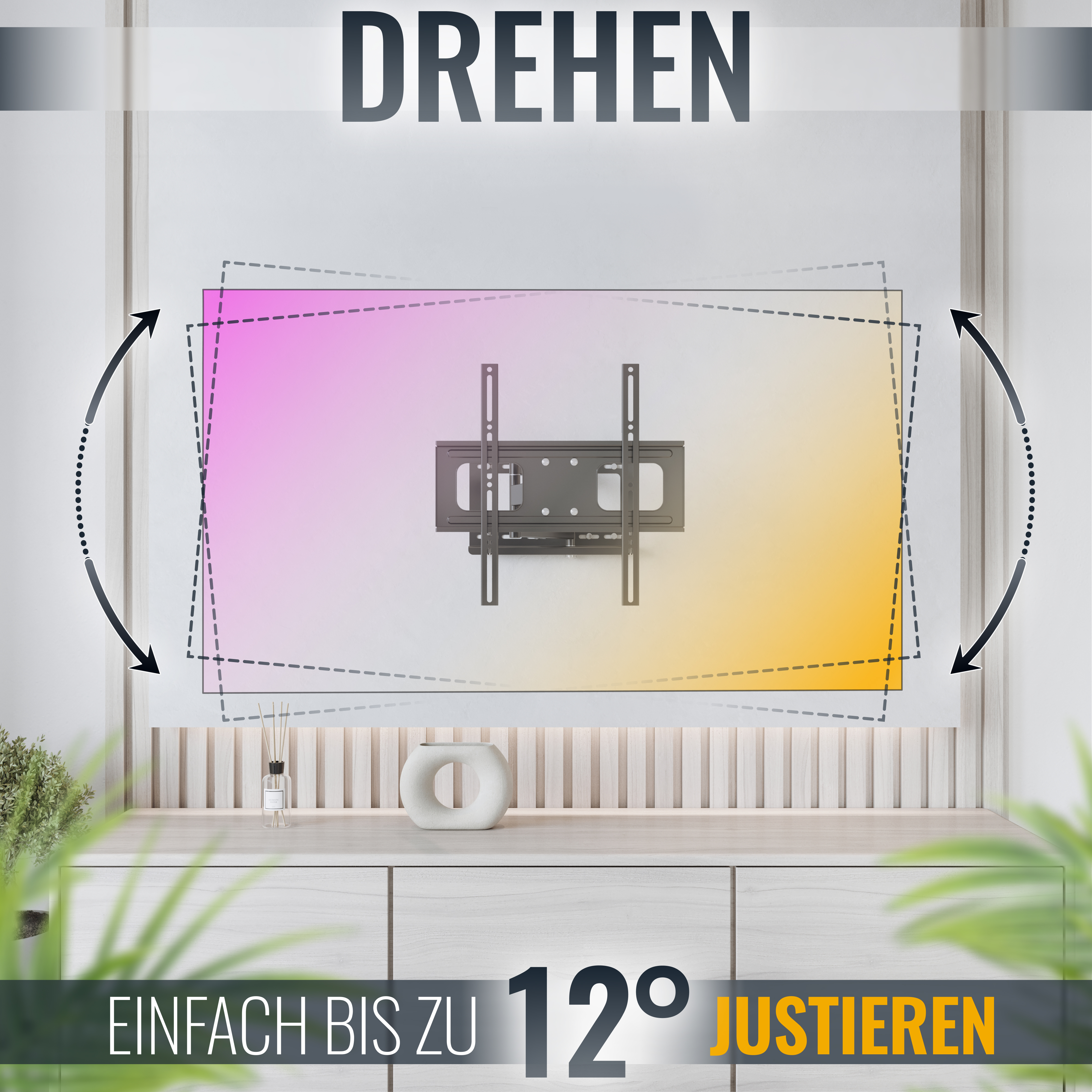 TV-Halterung mit Fernseher. Der Fernseher schwenkt bis zu 12 Grad. Weiße Wand und Schrank sind zu sehen.