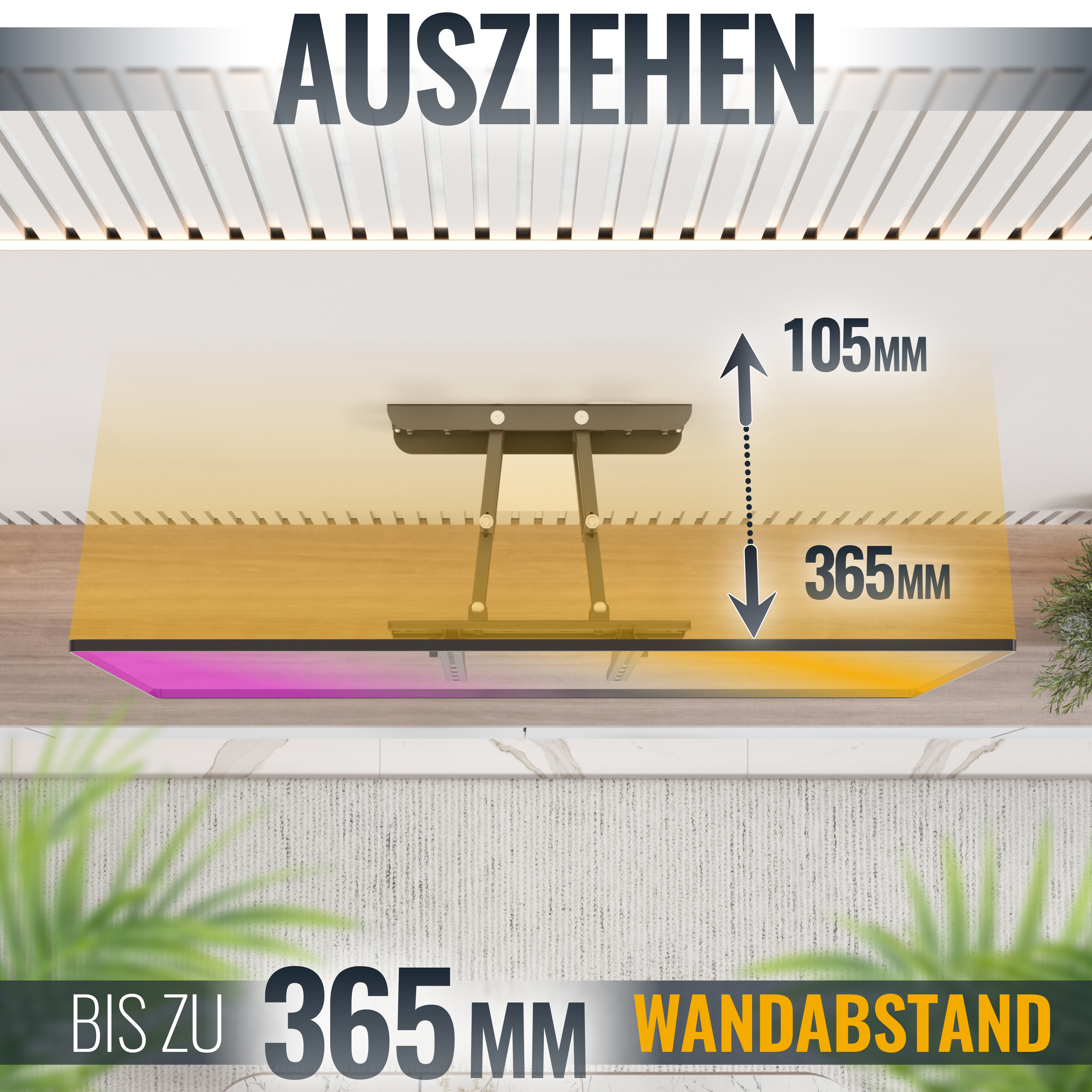 Diagramm, das die Ausdehnung eines Monitorarms und den Abstand zur Wand zeigt. Bis zu 365mm.