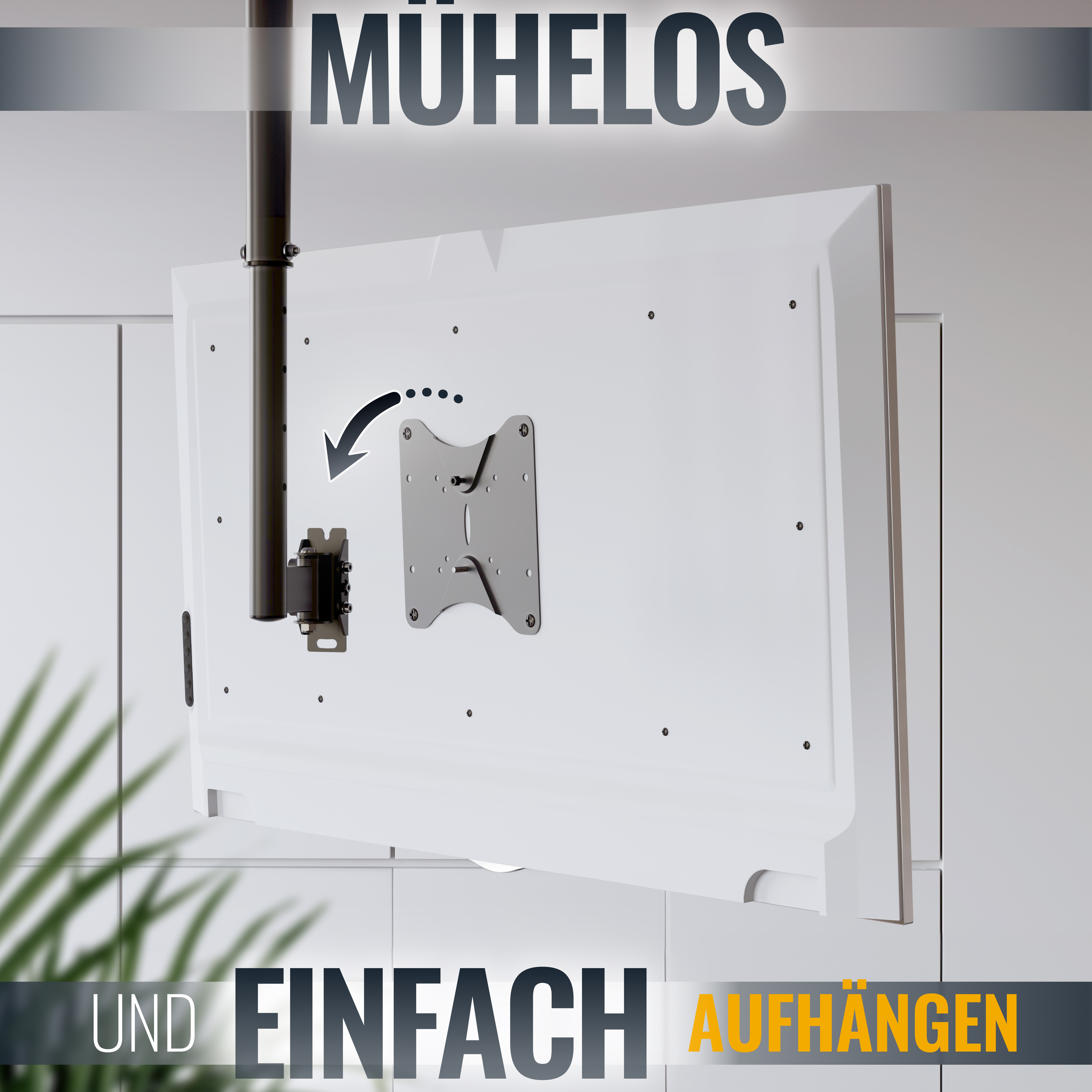 Ein Fernseher an der Decke montiert, mit Halterung und Text über einfache Installation.