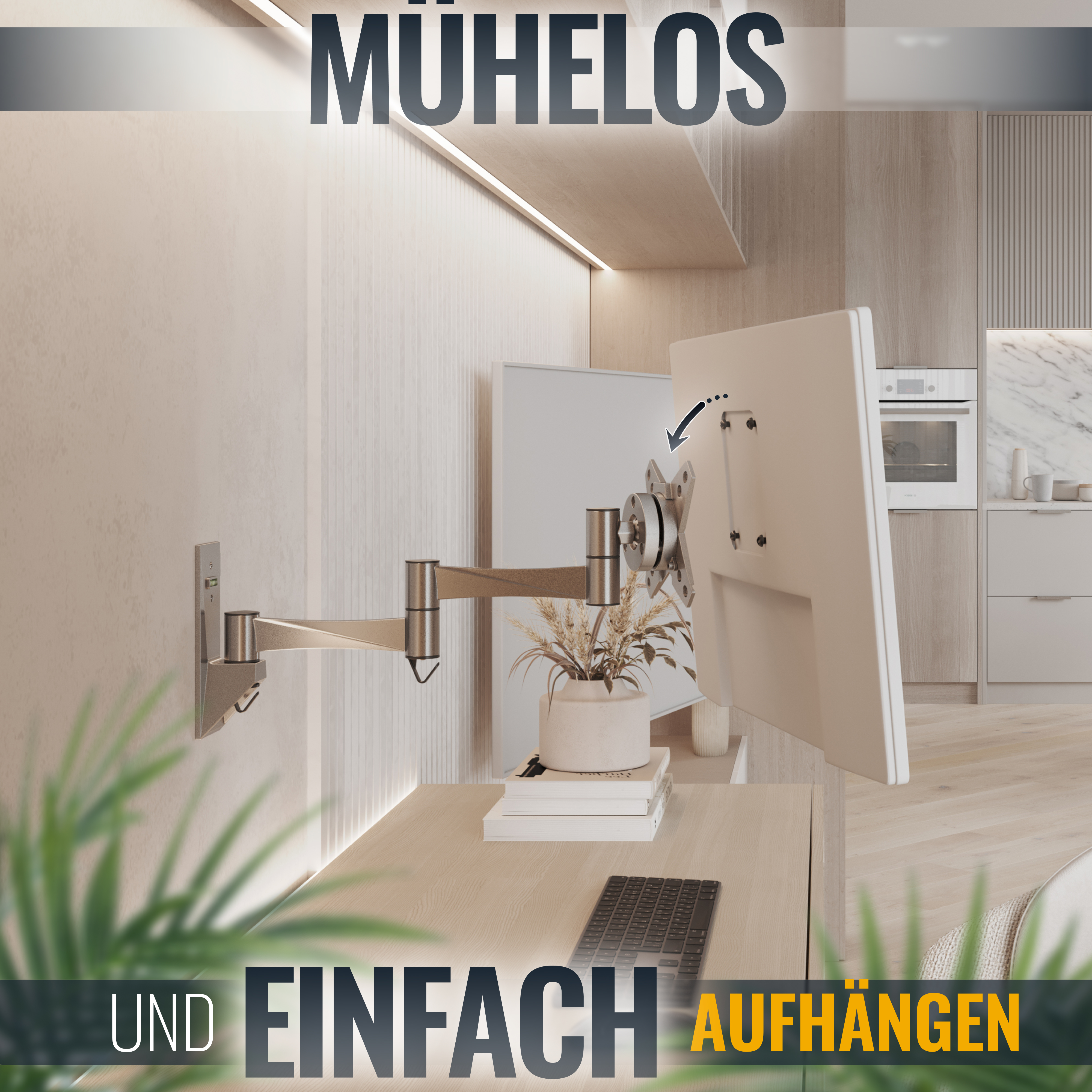 An der Wand montierter Monitor-Setup mit einem Holztisch und Büchern.