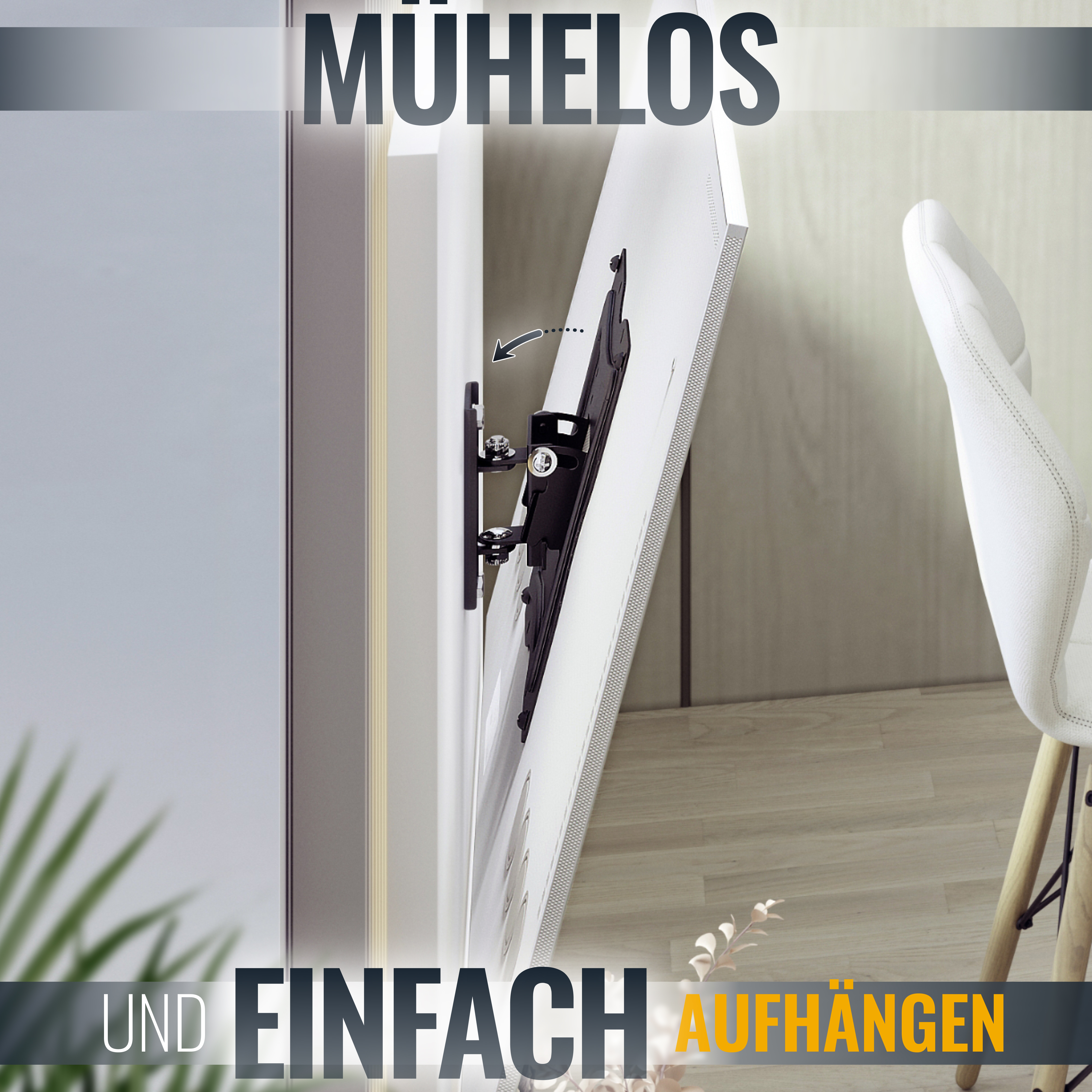 Ein Fernseher wird mit einer Halterung an einer Wand montiert. Text: 'Mühelos und Einfach aufhängen'.