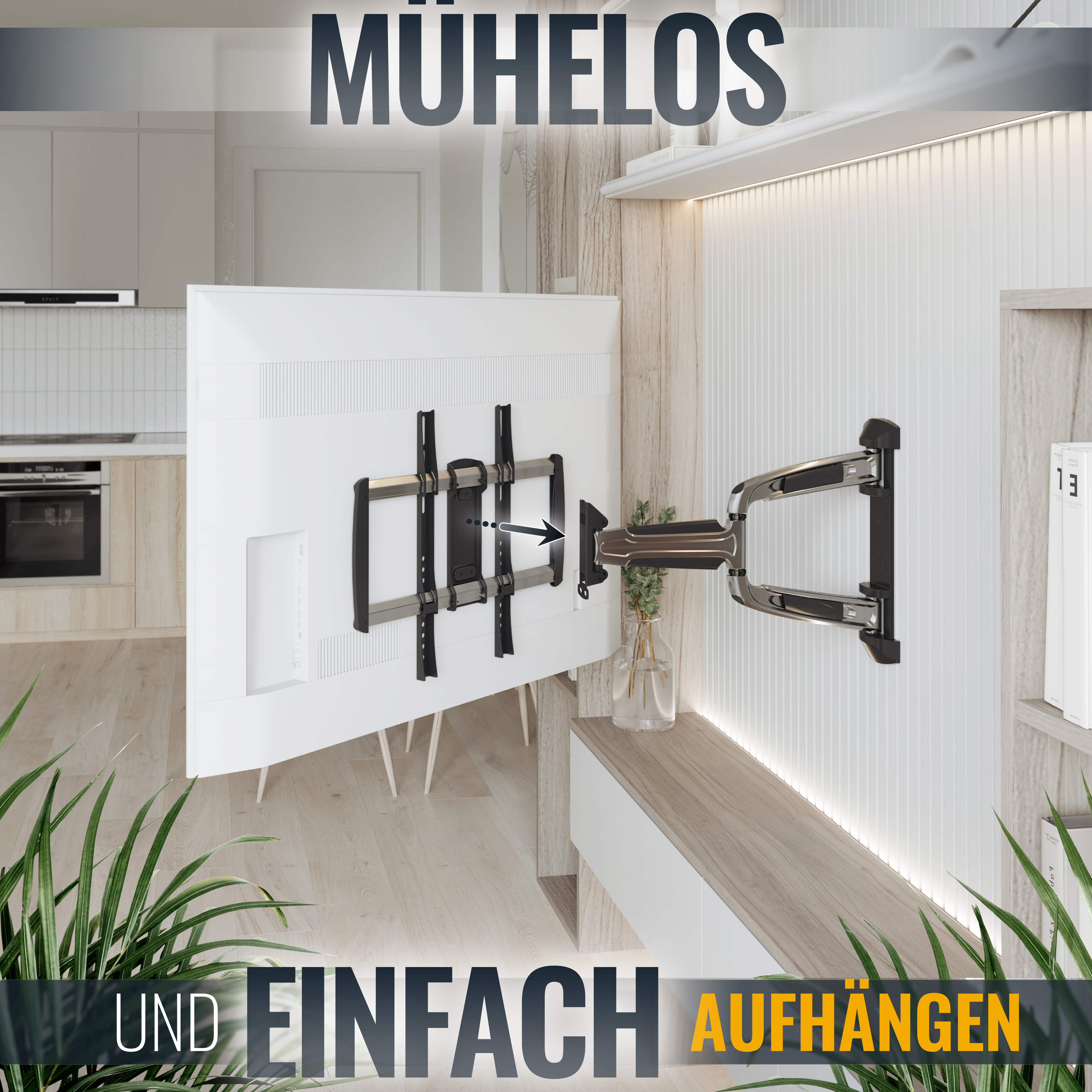TV-Halterung an weißer Wand. Anweisungen auf Deutsch, mit Pflanze und Vasen.