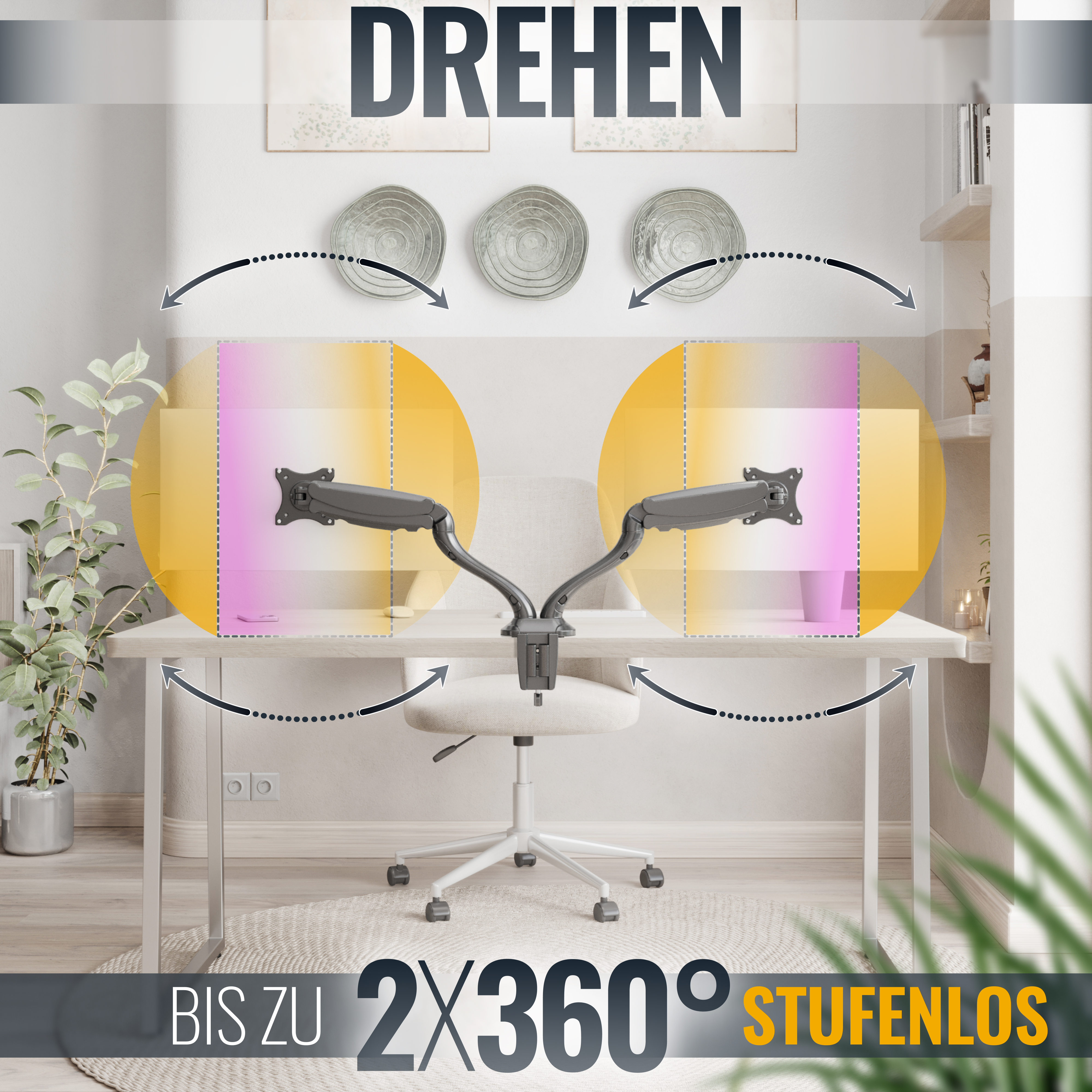 Ein Computer-Monitorständer, der eine 360-Grad-Drehung ermöglicht, mit Text und Pfeilen.