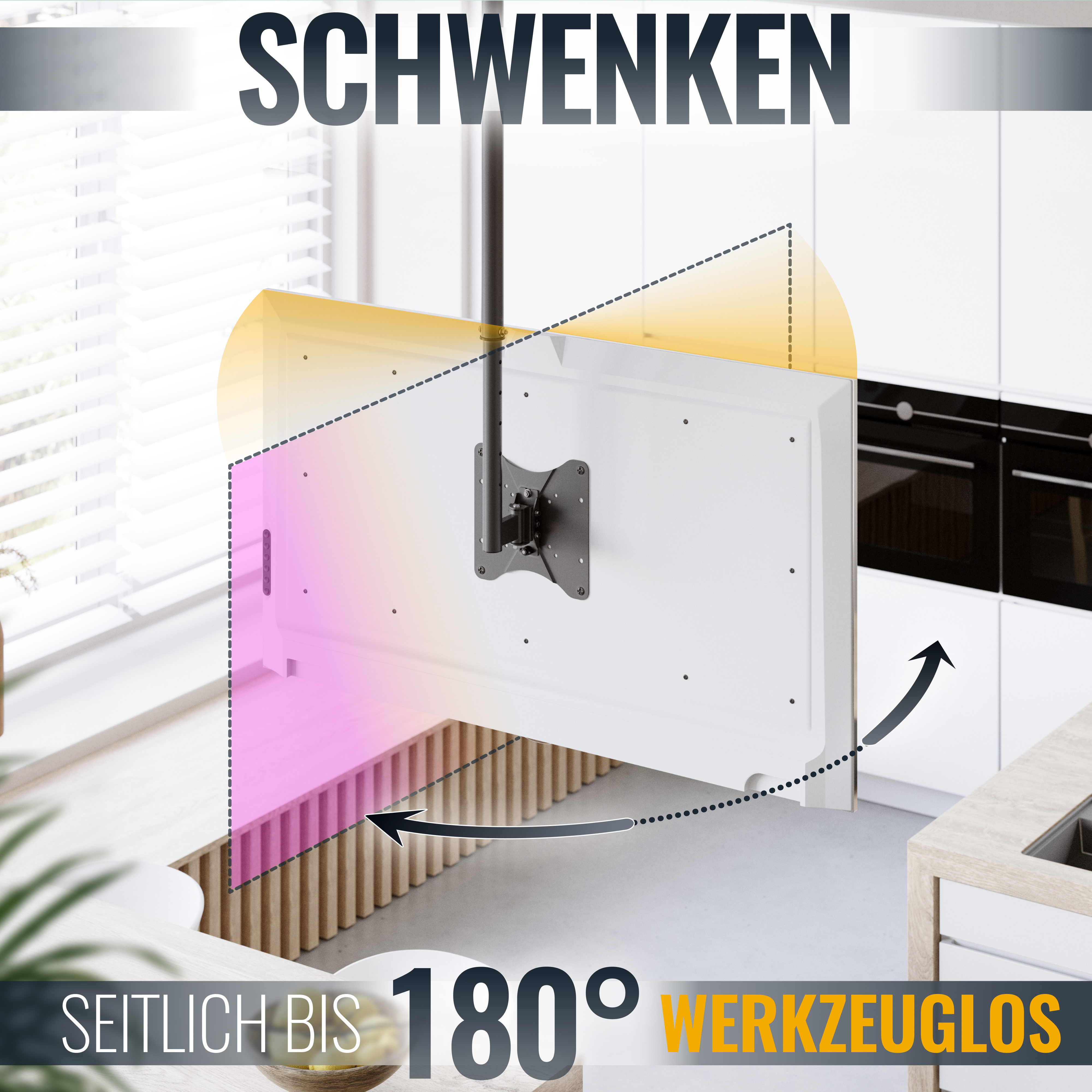 Eine TV-Halterung mit einem TV-Bildschirm, die den Schwenkbereich bis zu 180 Grad zeigt.