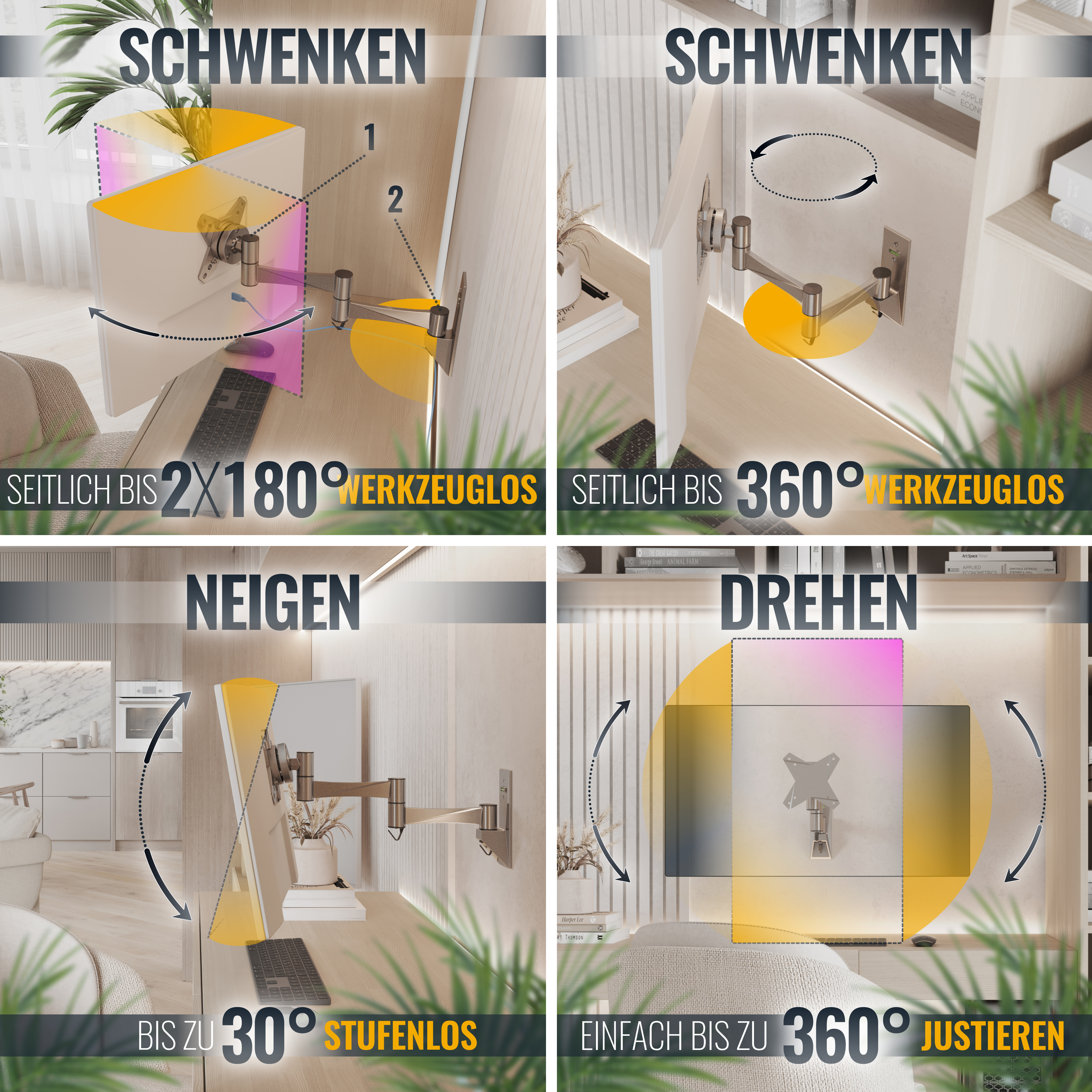 Bilder, die die Bewegung eines Monitorarms zeigen: Schwenken, Neigen und Drehen, mit Textbeschreibungen.