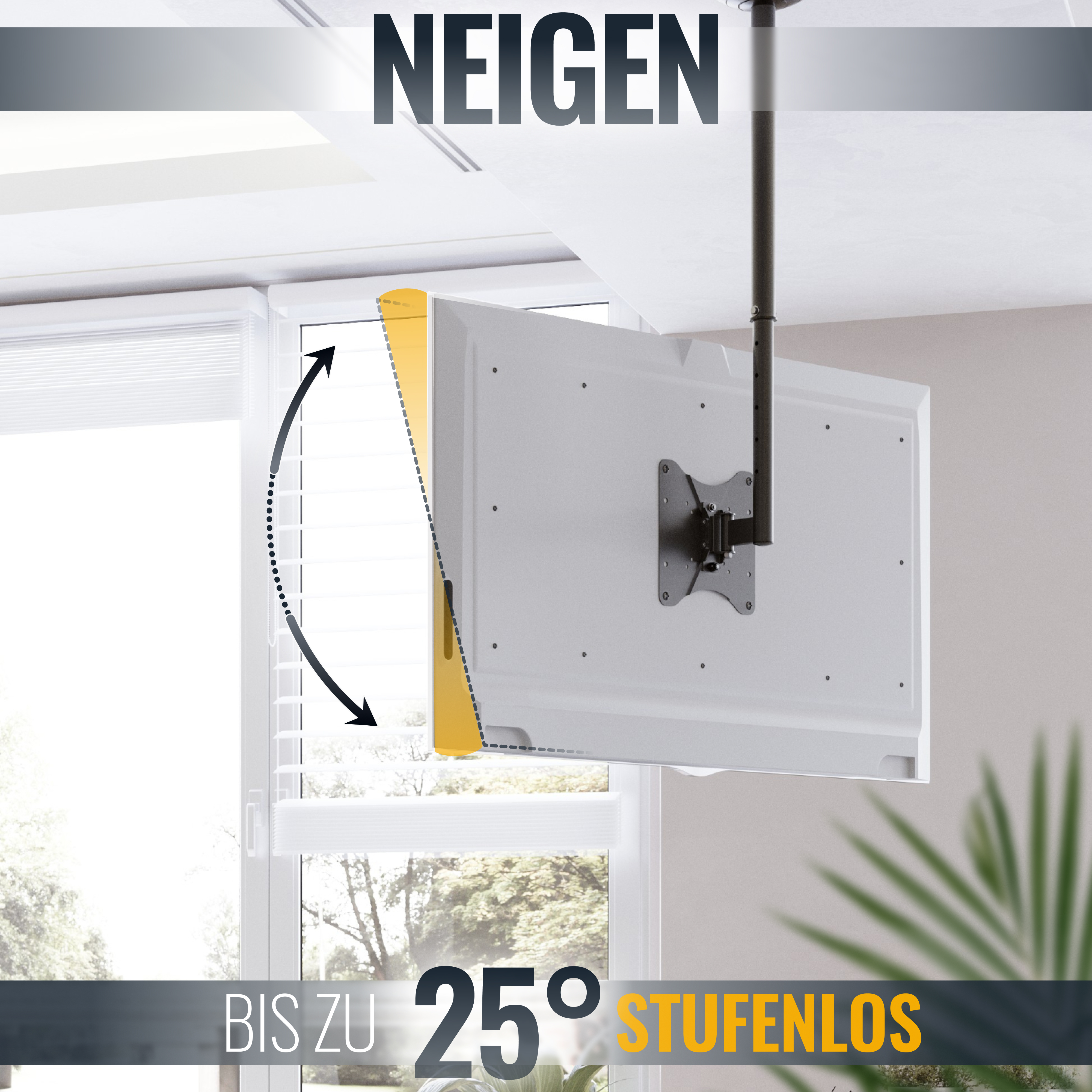 Weißer Fernsehbildschirm von der Decke abgehängt, mit Neigungswinkel gezeigt.