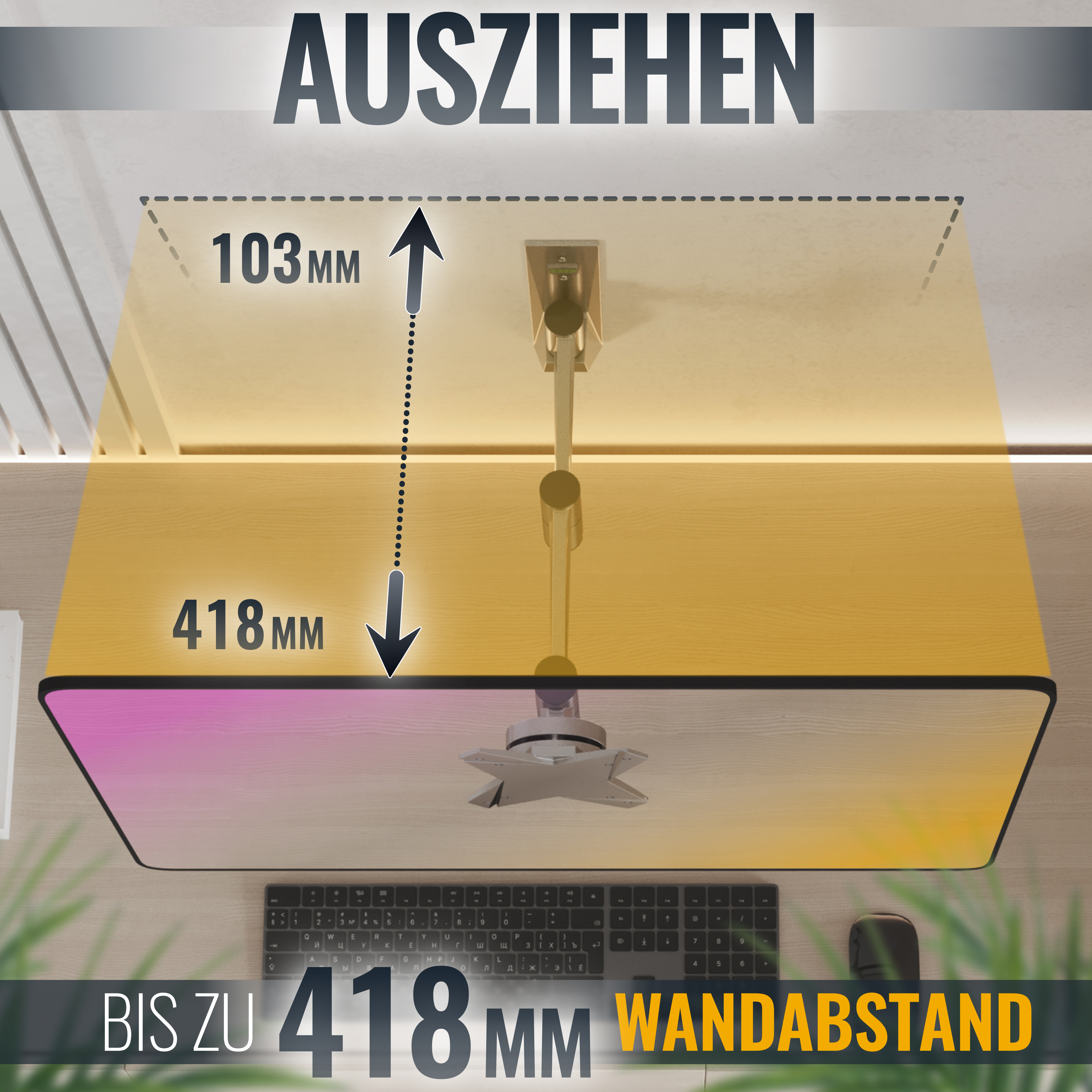 Ein Monitor, der an einer Halterung befestigt ist, mit den Maßen 103 mm Abstand und 418 mm von der Wand.