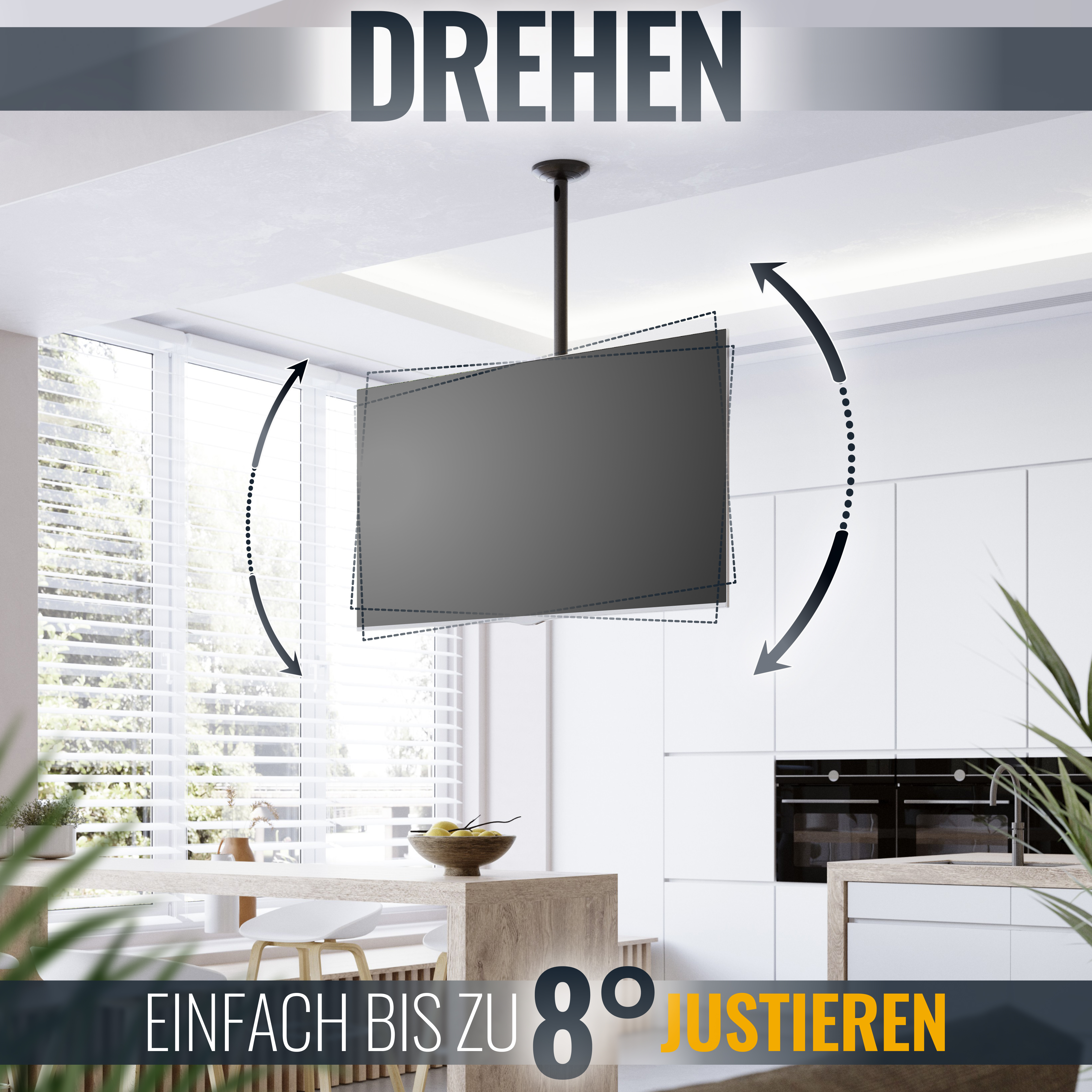 Fernseher von der Decke abgehängt, bis zu 80 Grad drehbar. Küche im Hintergrund.