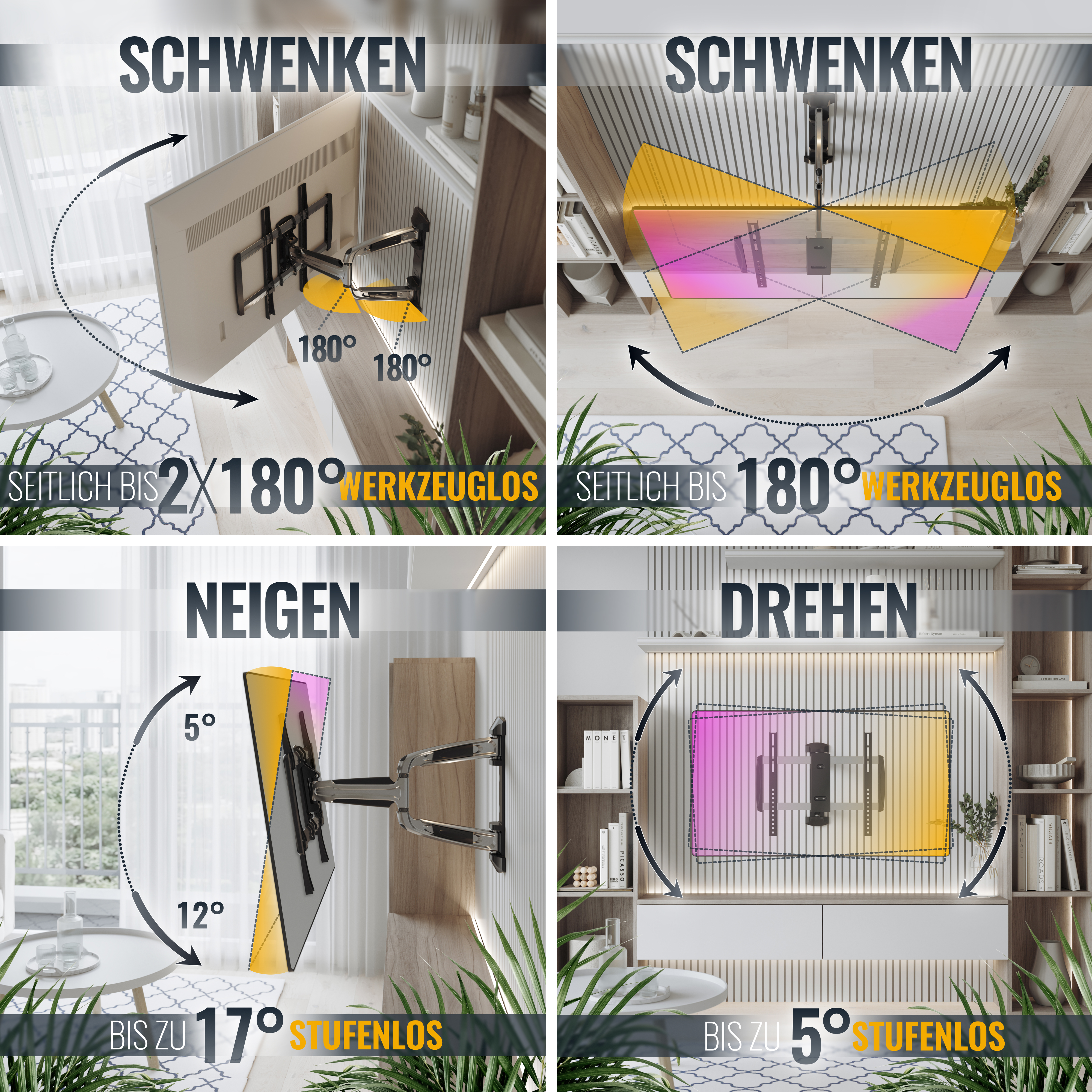 Diagramme zur TV-Halterungsanpassung: Schwenken, Neigen und Drehen mit Gradangaben.