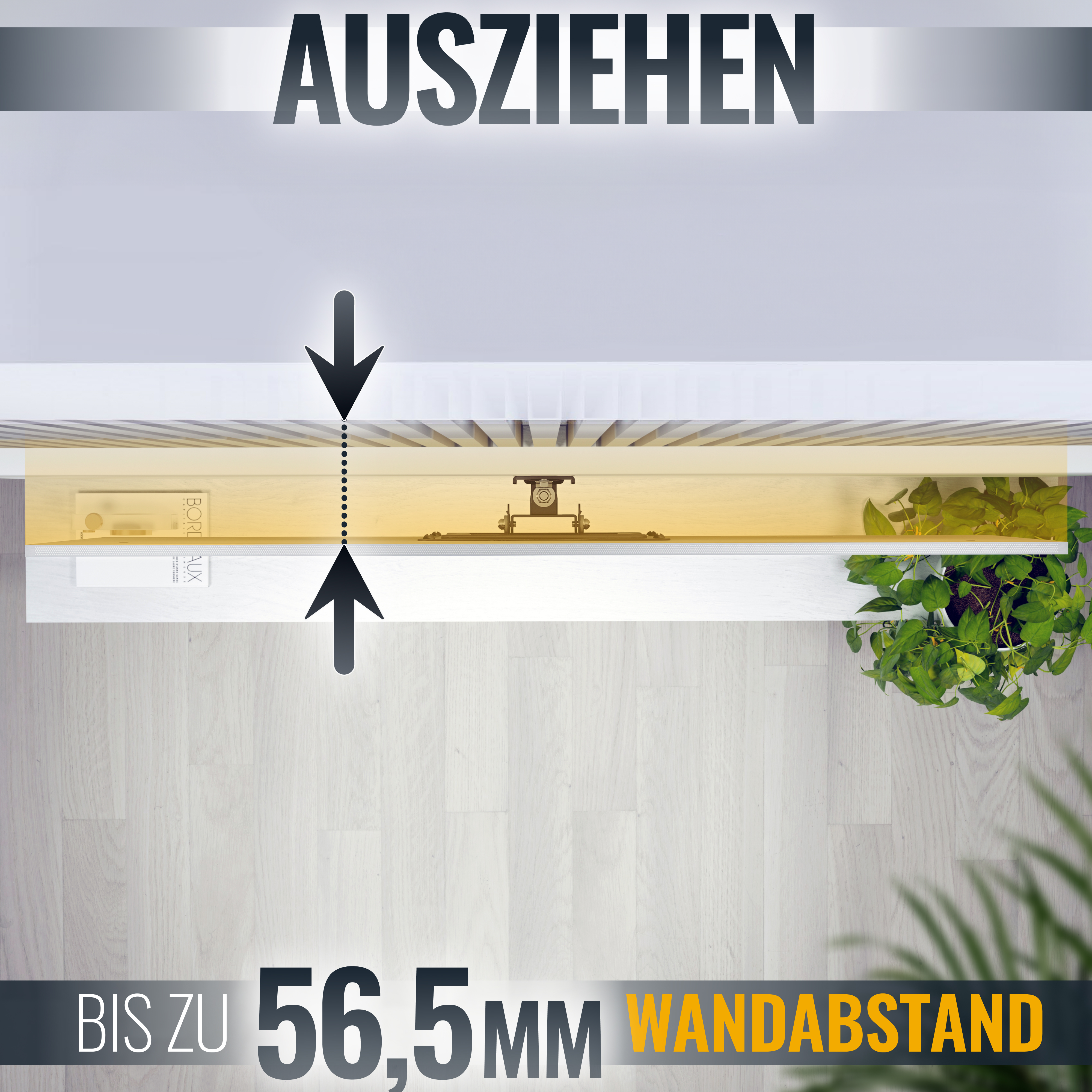 Illustration, die ein Regal zeigt, das aus einer Wand gezogen wird, mit Text 'AUSZIEHEN'.