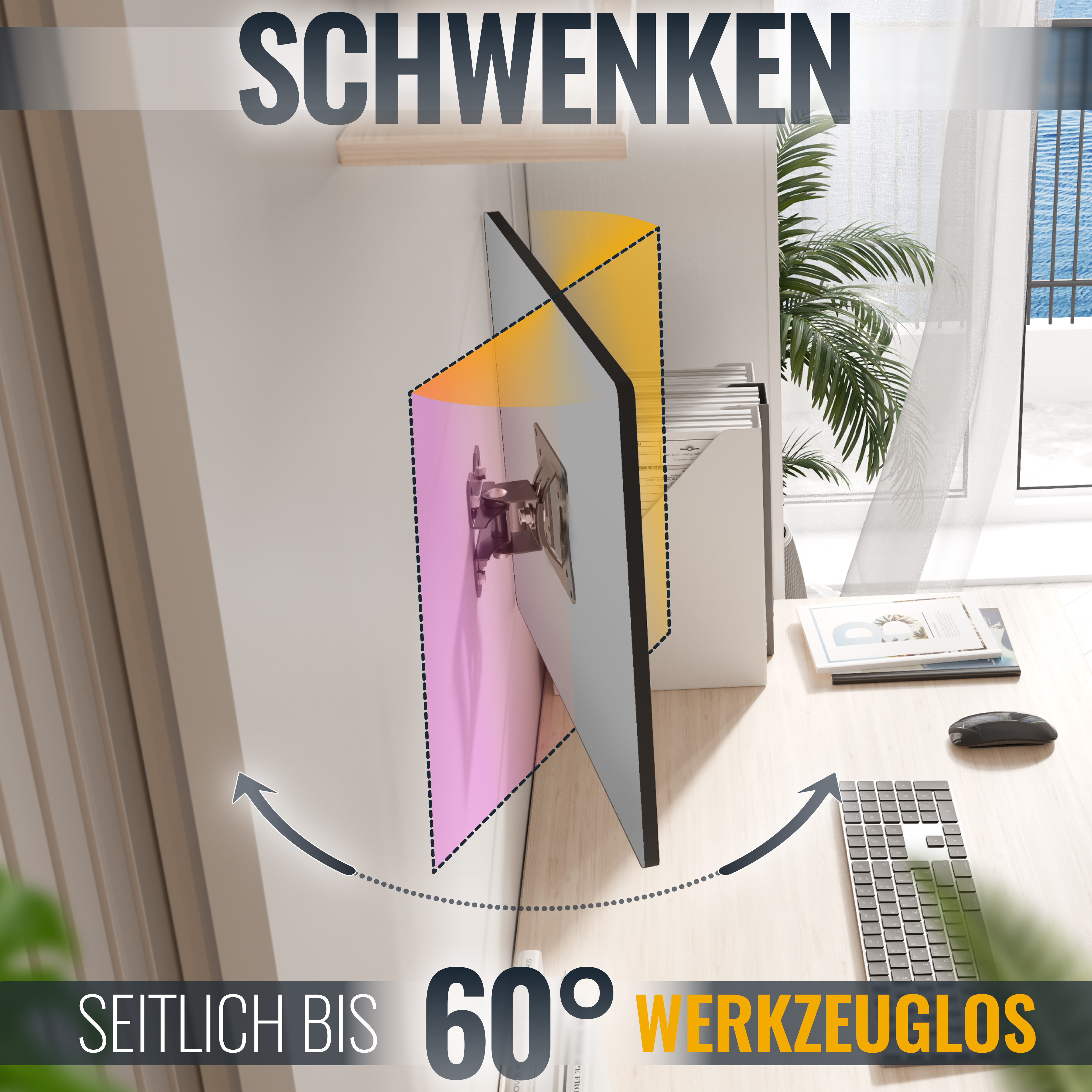 Illustration, die einen drehenden Fernsehbildschirm zeigt, mit Text 'SCHWENKEN'.