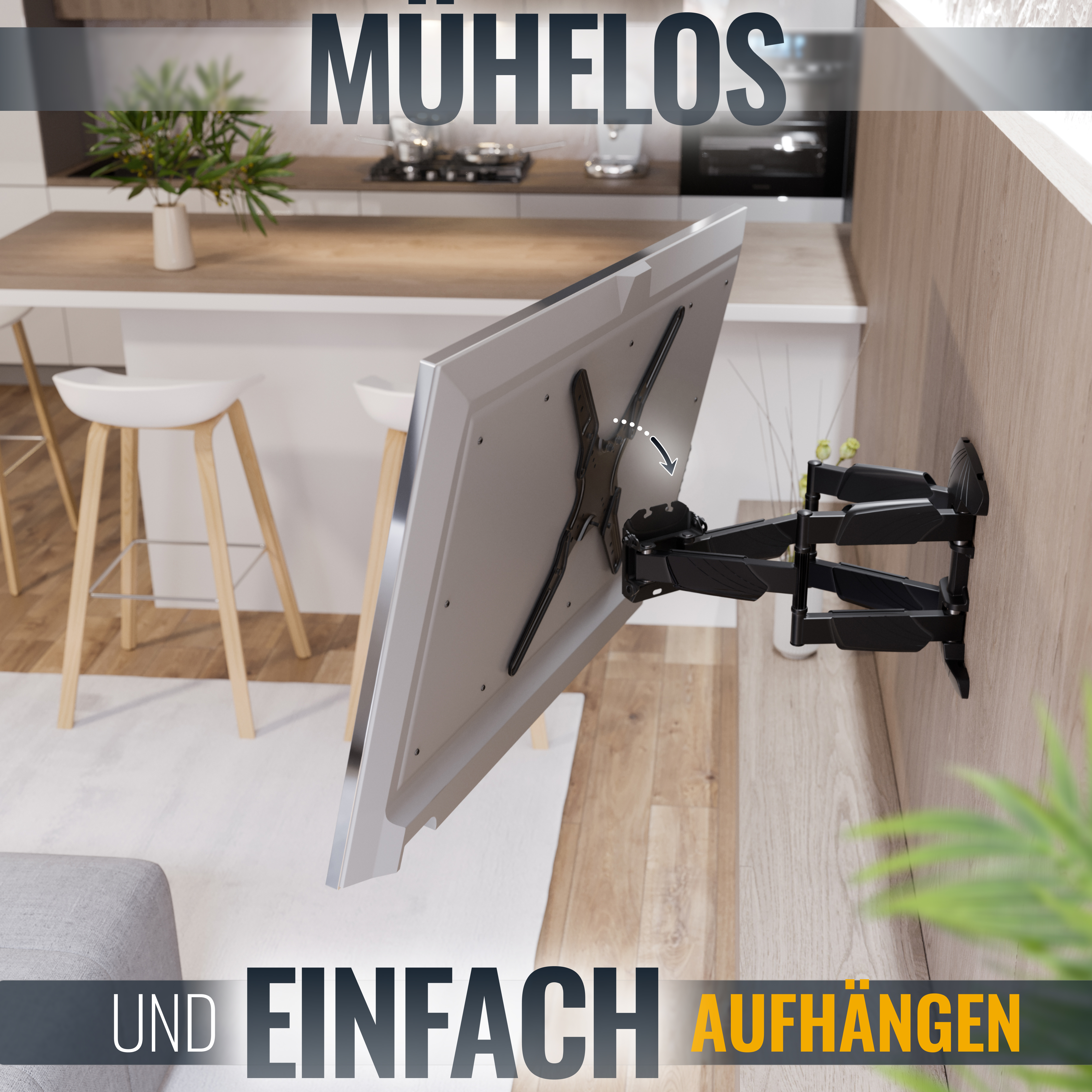 Fernseher an einer Wandhalterung in einer modernen Küche. Die Wörter: einfach und leicht aufzuhängen werden angezeigt.