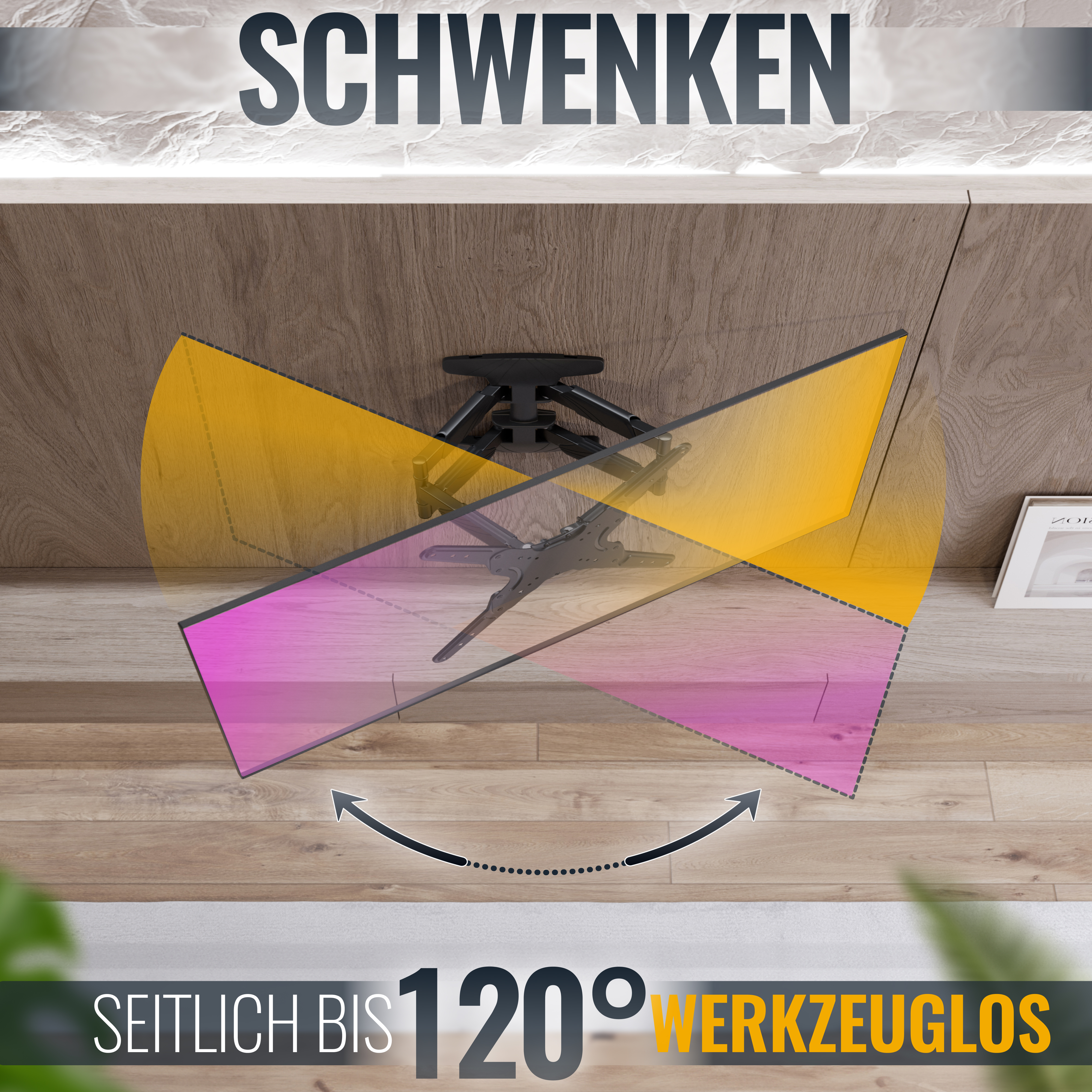 Ein Fernseher auf einer Schwenkhalterung. Der Bildschirm ist angewinkelt und zeigt ein rosa-gelbes Farbschema.