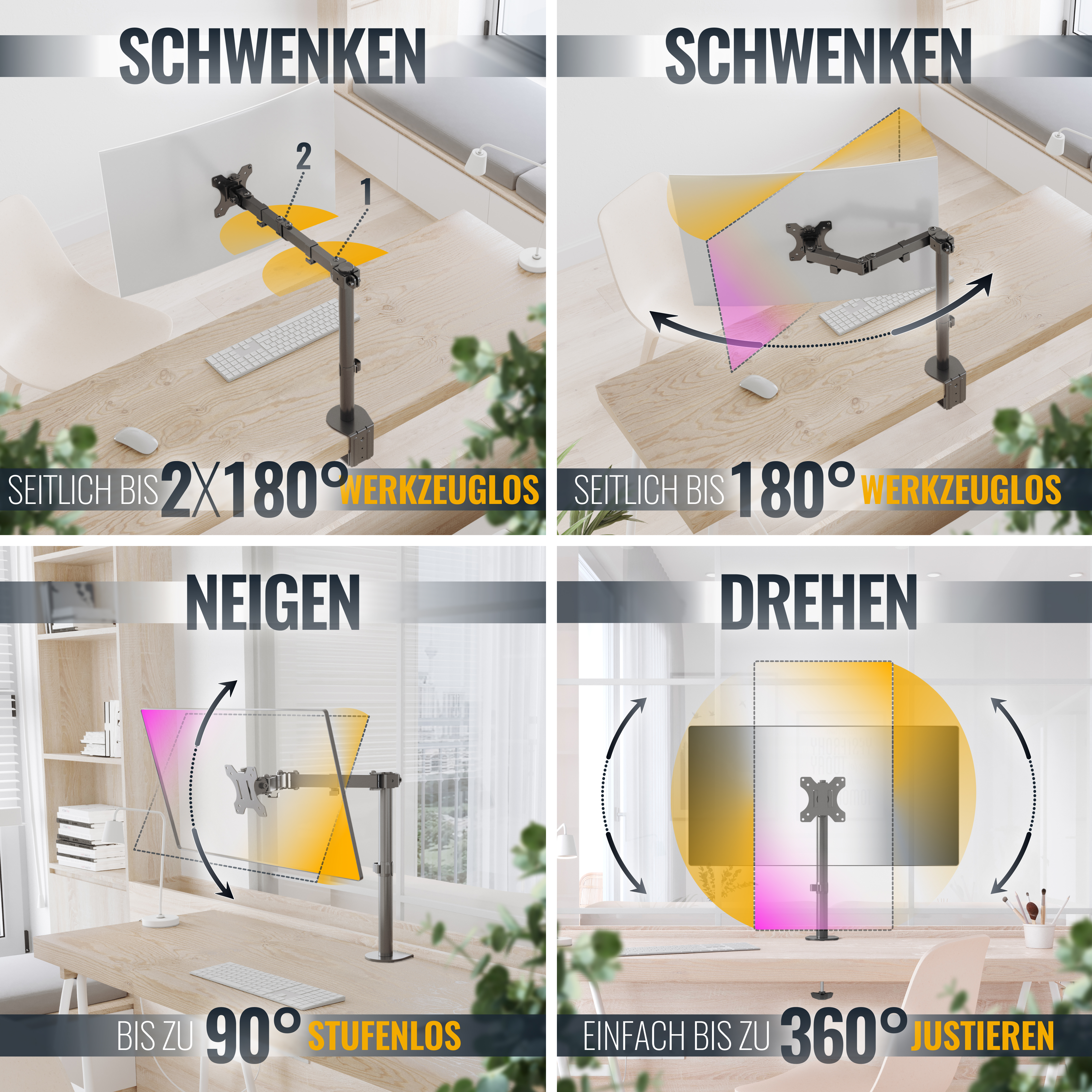Vier Bilder, die die Einstellmöglichkeiten eines Monitorarms zeigen: Schwenken, Neigen, Drehen.