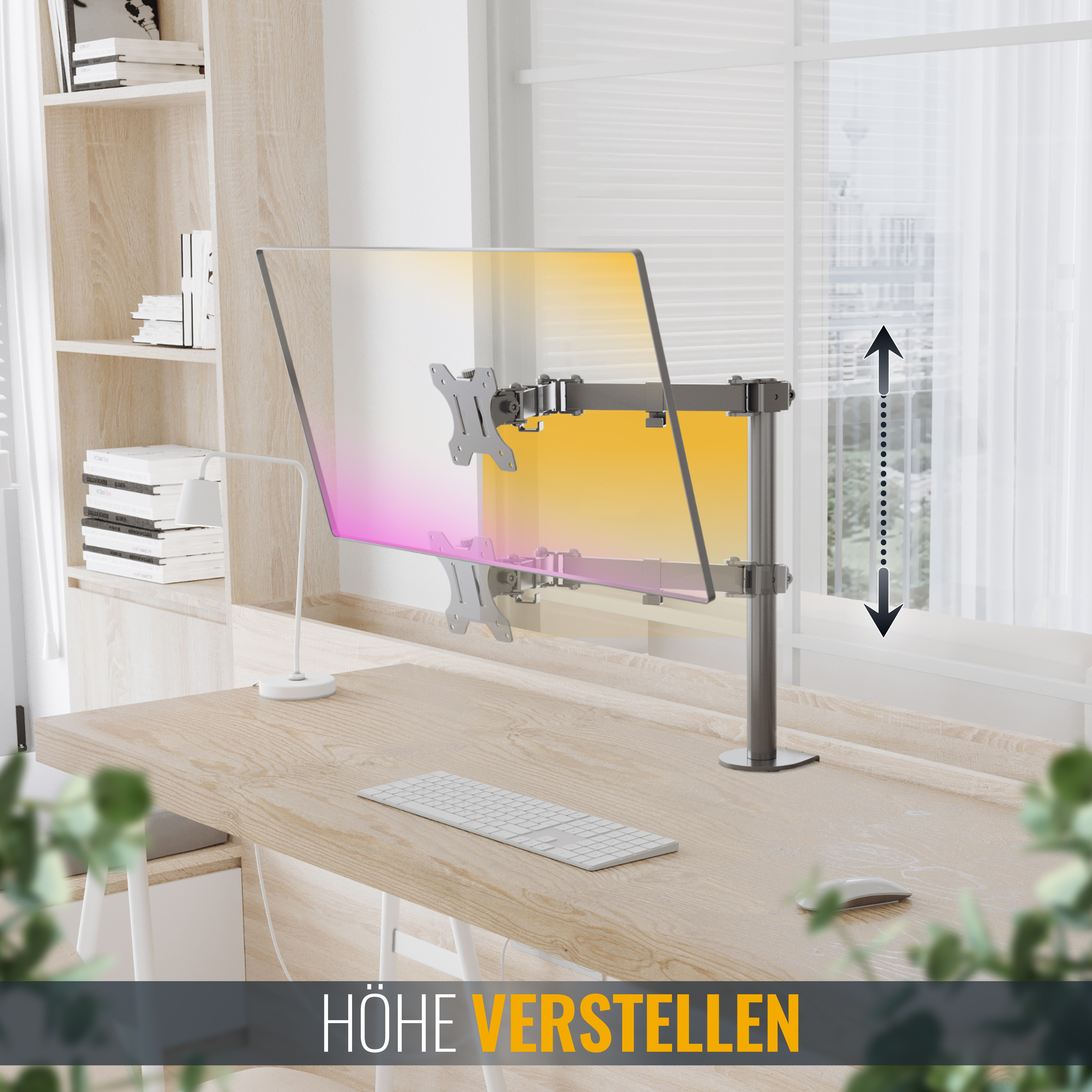 Schreibtisch-Setup mit verstellbarem Monitorständer und Monitor, mit dem Text 'Höhe Verstellen'.