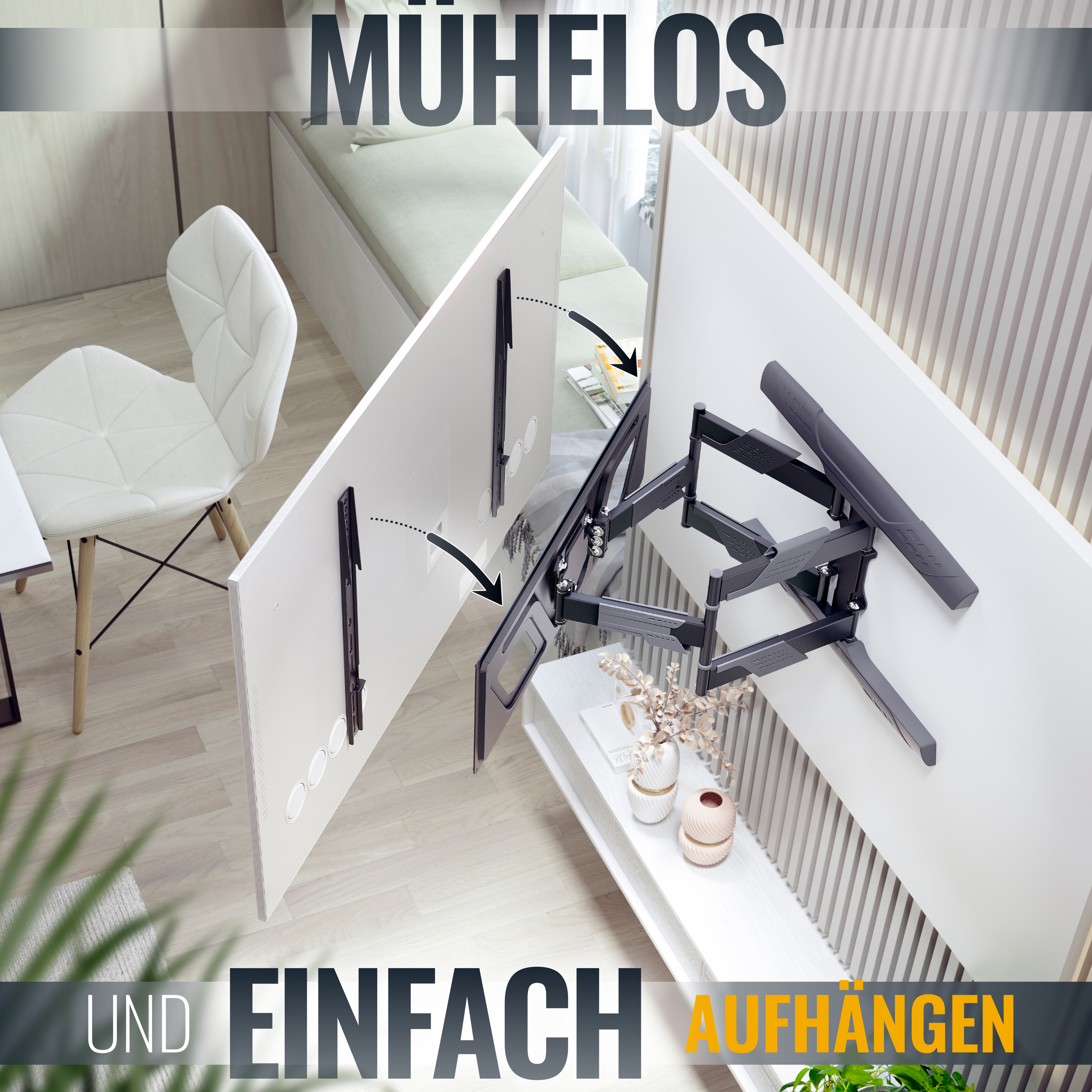 Wandhalterungen mit Armen, eine Wand mit montierten Paneelen. Weißer Stuhl im Hintergrund.
