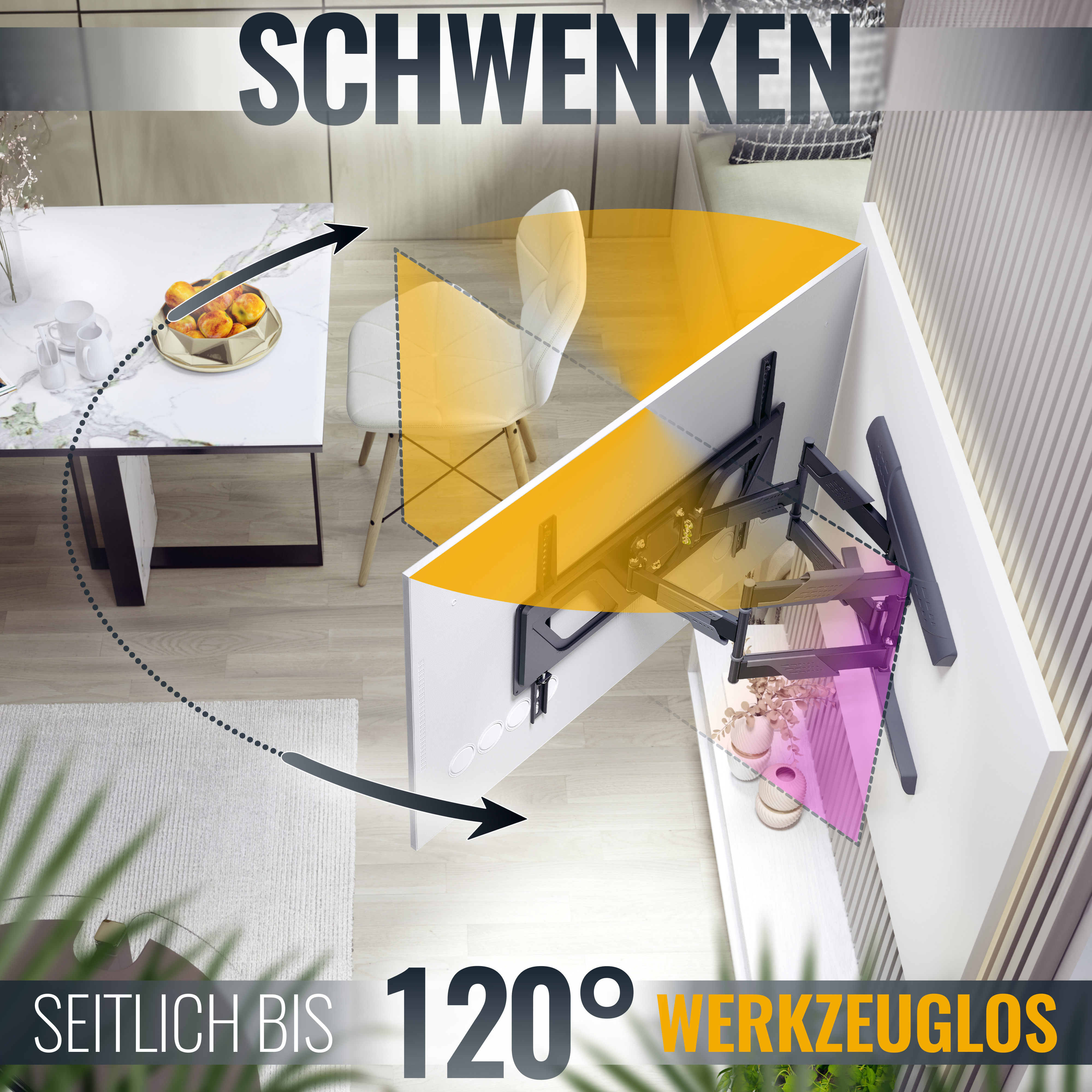 Ein Raum mit einem Fernseher an einer Wandhalterung mit Pfeilen, die die Schwenkbewegung zeigen.
