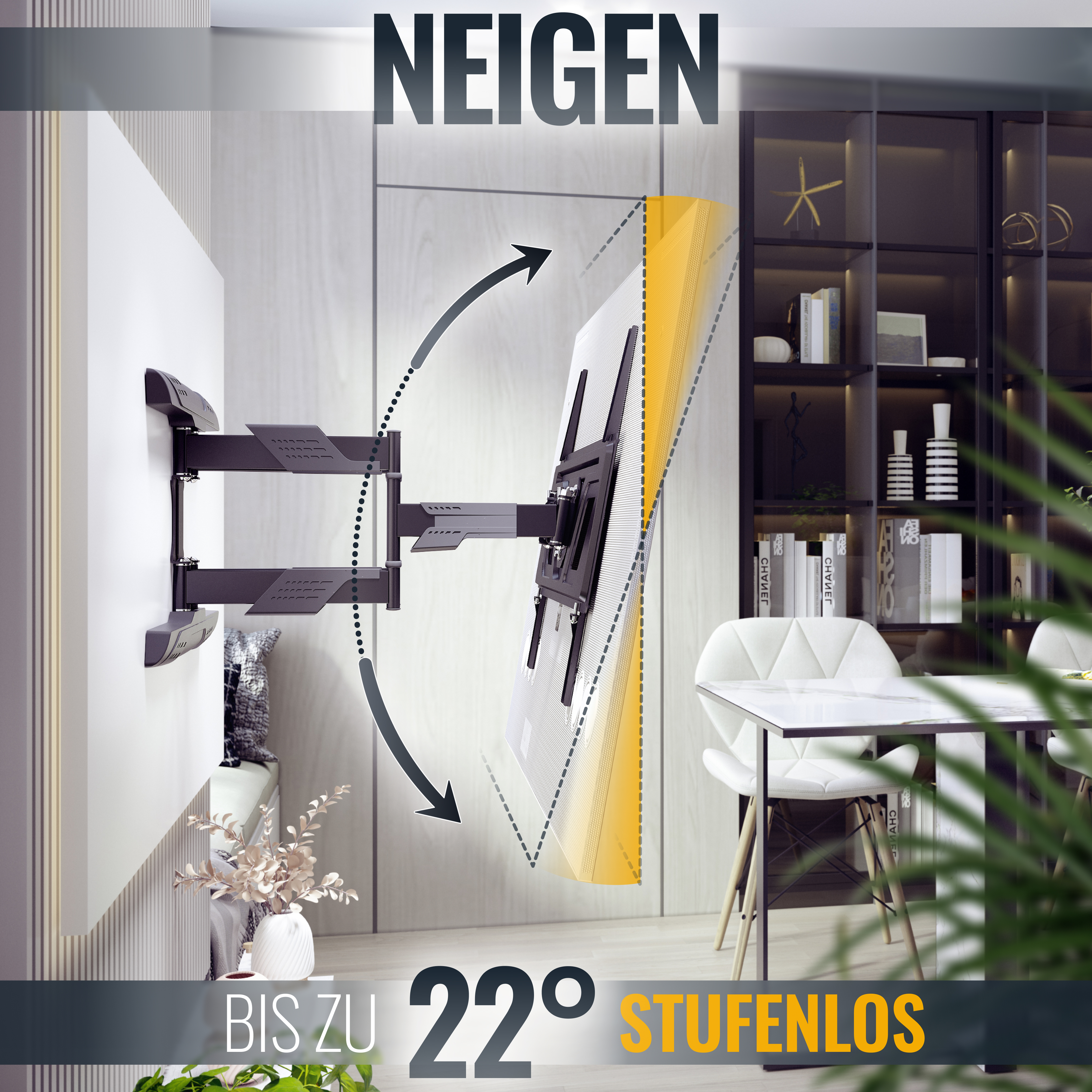Ein Fernseher an der Wand mit beweglichem Arm, der seinen Bewegungsbereich bis zu 220 Grad zeigt.