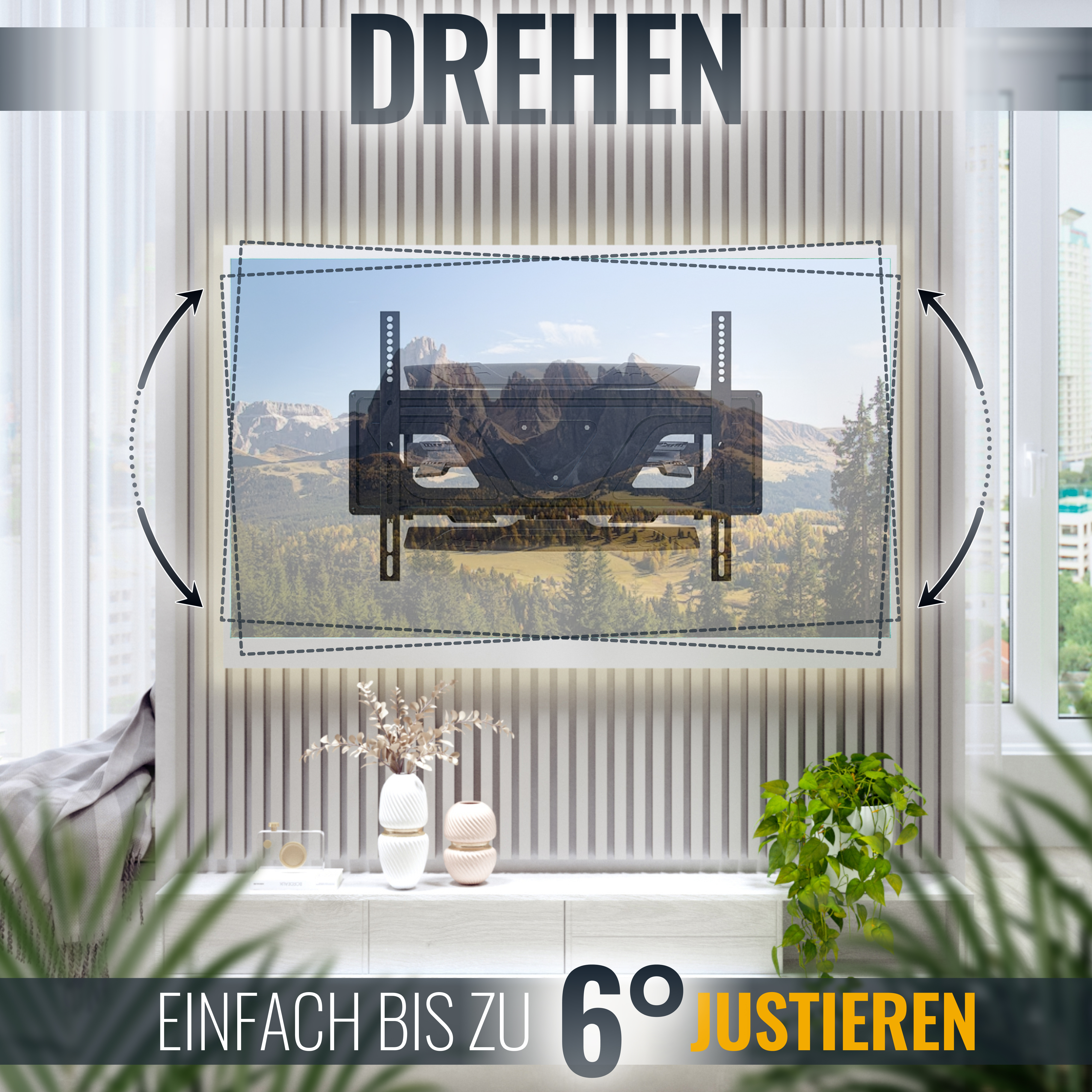 Ein montierter Fernseher an einer Wand mit einstellbaren Winkeln.