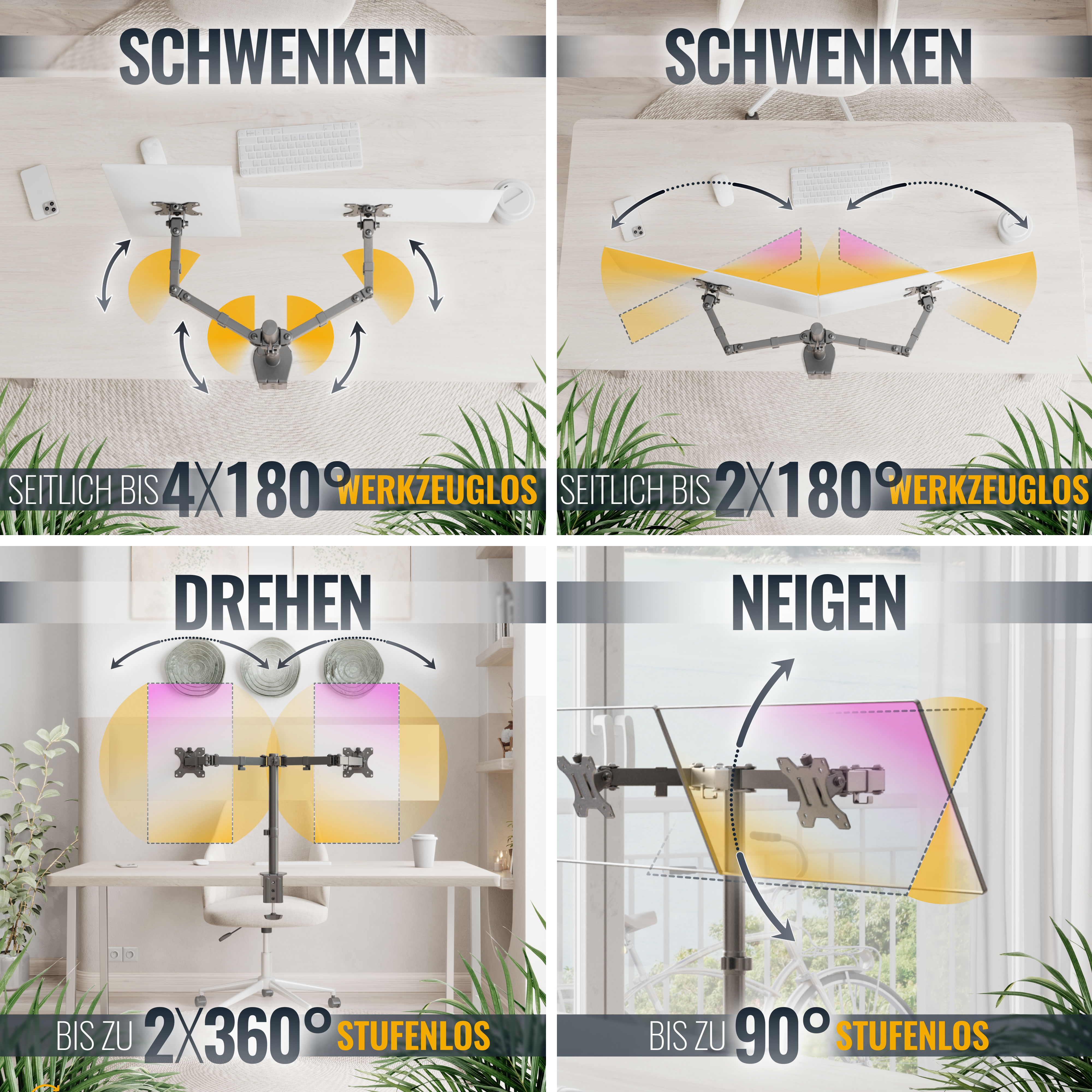 Diagramm, das Monitorarme zeigt, einschließlich Schwenk-, Neige- und Drehbewegungen.