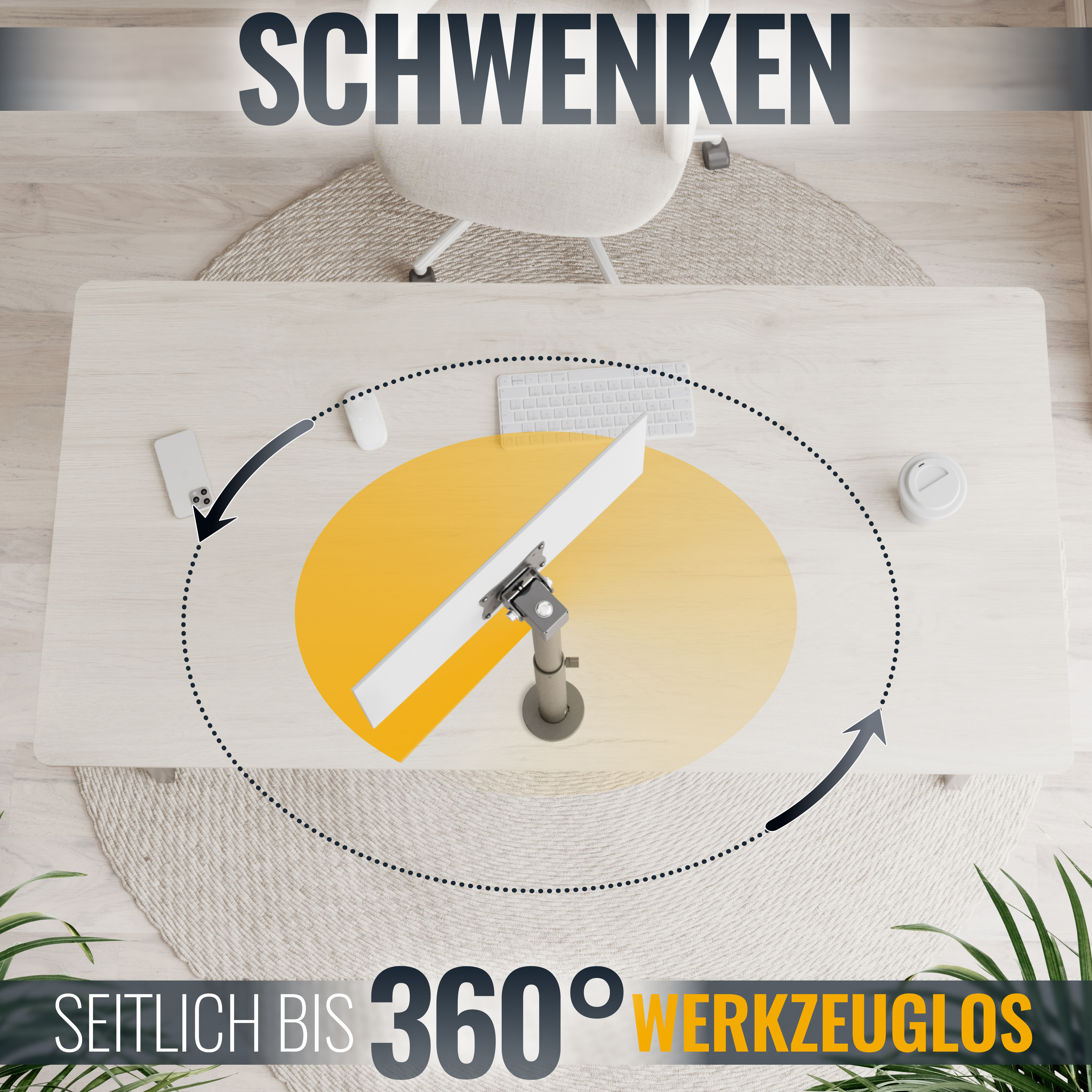 Draufsicht auf einen Schreibtisch mit rotierendem Monitor, die Worte 