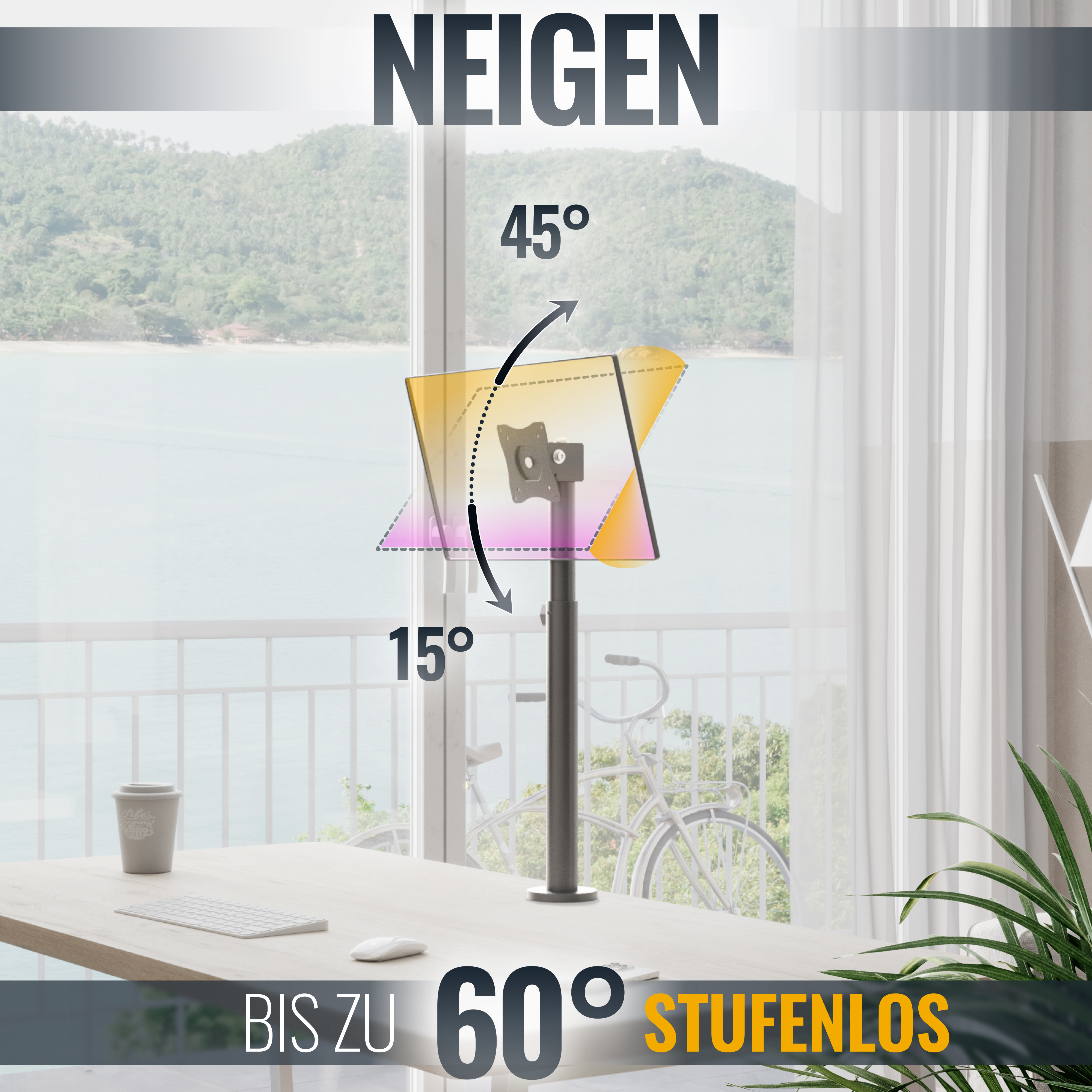 Ein Monitorständer mit Text, der Neigungswinkel angibt: 45 Grad nach oben und 15 Grad nach unten.
