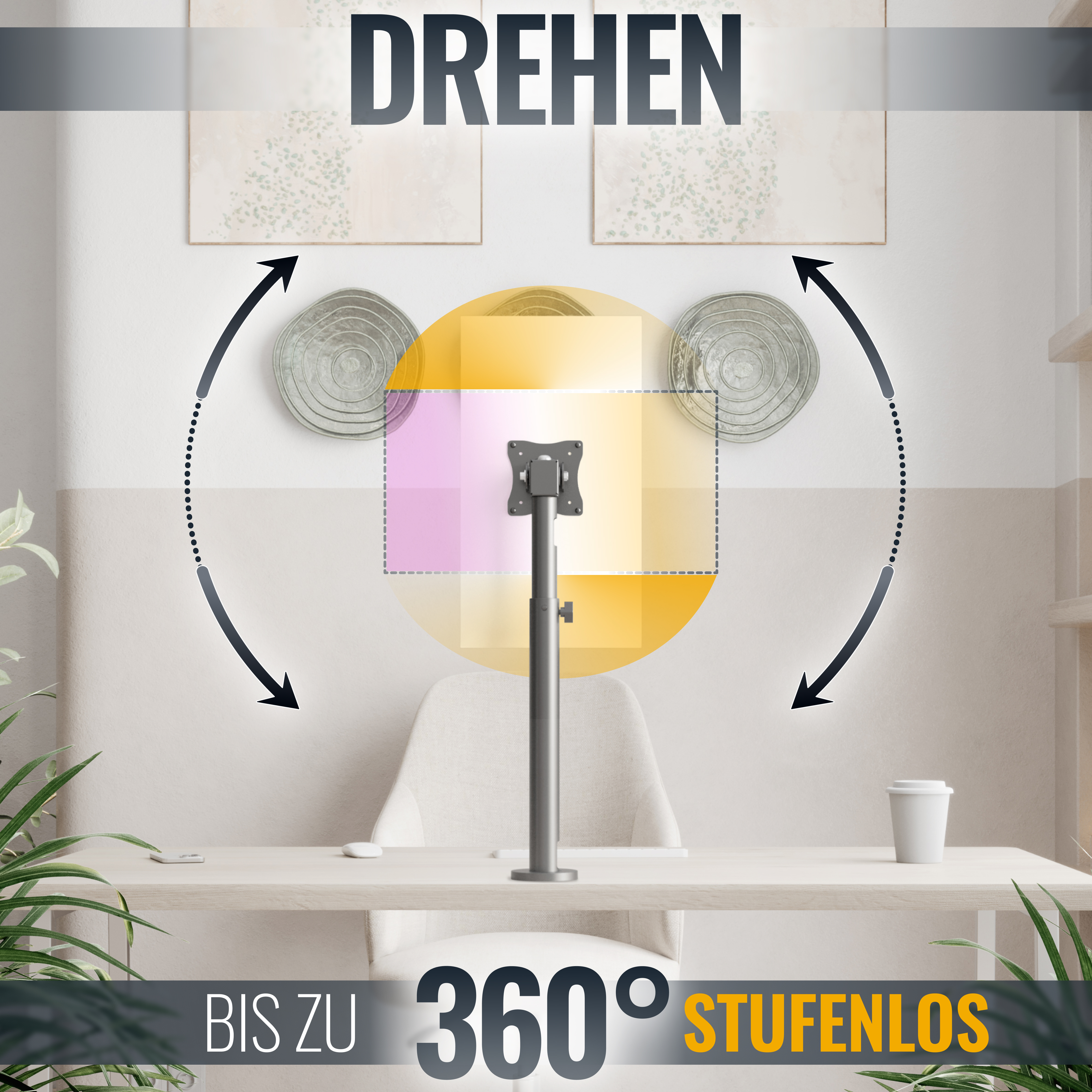 Ein Monitorständer, mit einem Monitorarm, einem weißen Schreibtisch und einem weißen Stuhl. Hintergrund ist eine Wand.