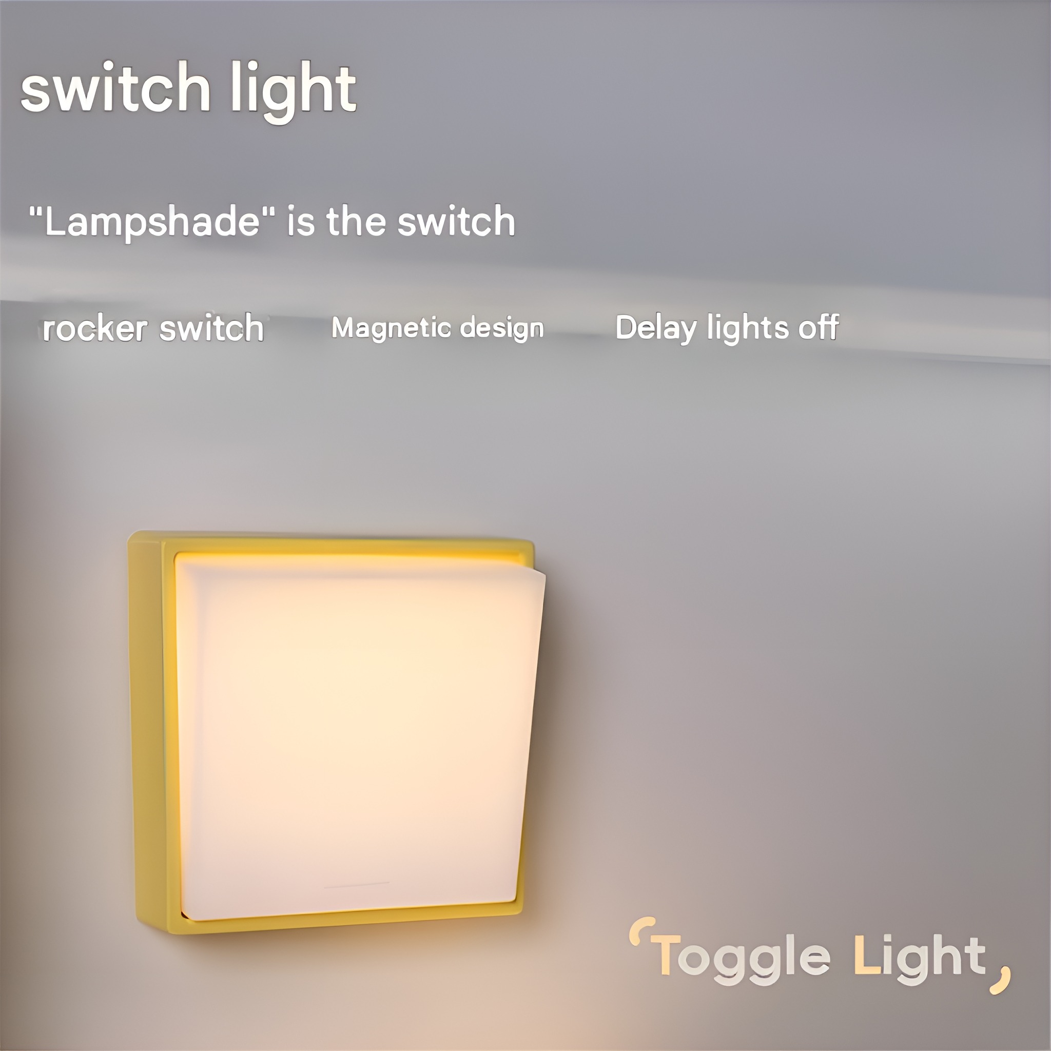 Weißer quadratischer Lichtschalter mit gelbem Rahmen, Text 'Toggle Light'.
