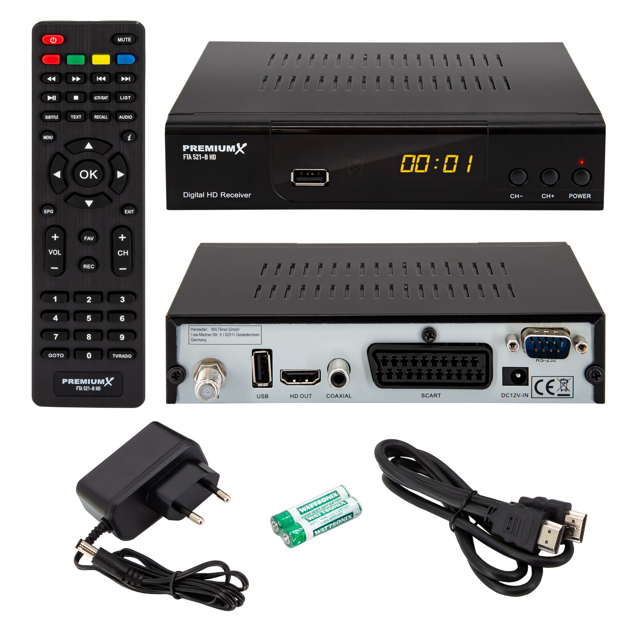 Schwarzer digitaler HD-Receiver, Fernbedienung, Netzteil, Batterien und Kabel auf weißem Grund.