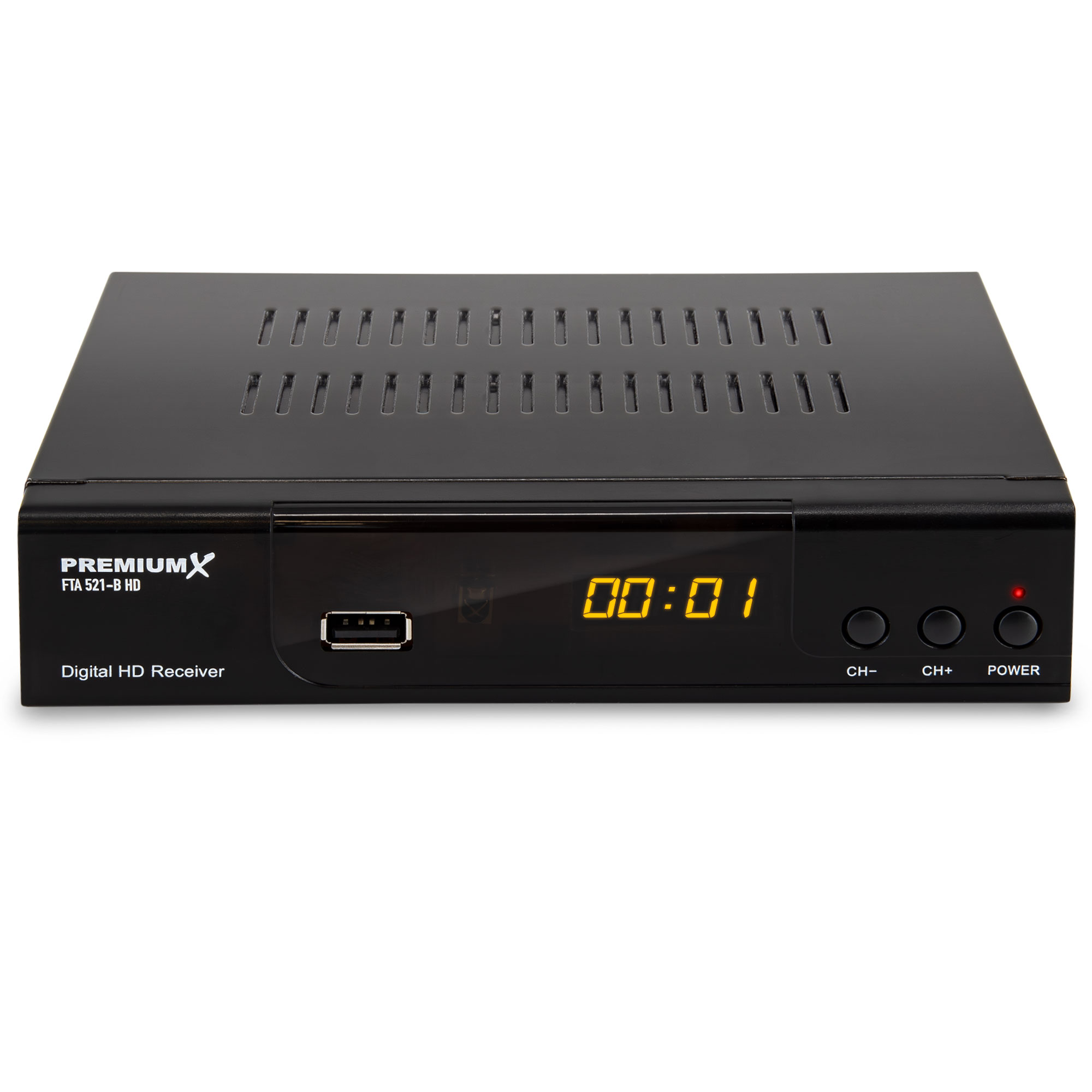 Schwarzer digitaler HD-Receiver. Anzeige zeigt Zeit. Knöpfe: CH-, CH+, Power. Text: Digital HD Receiver.
