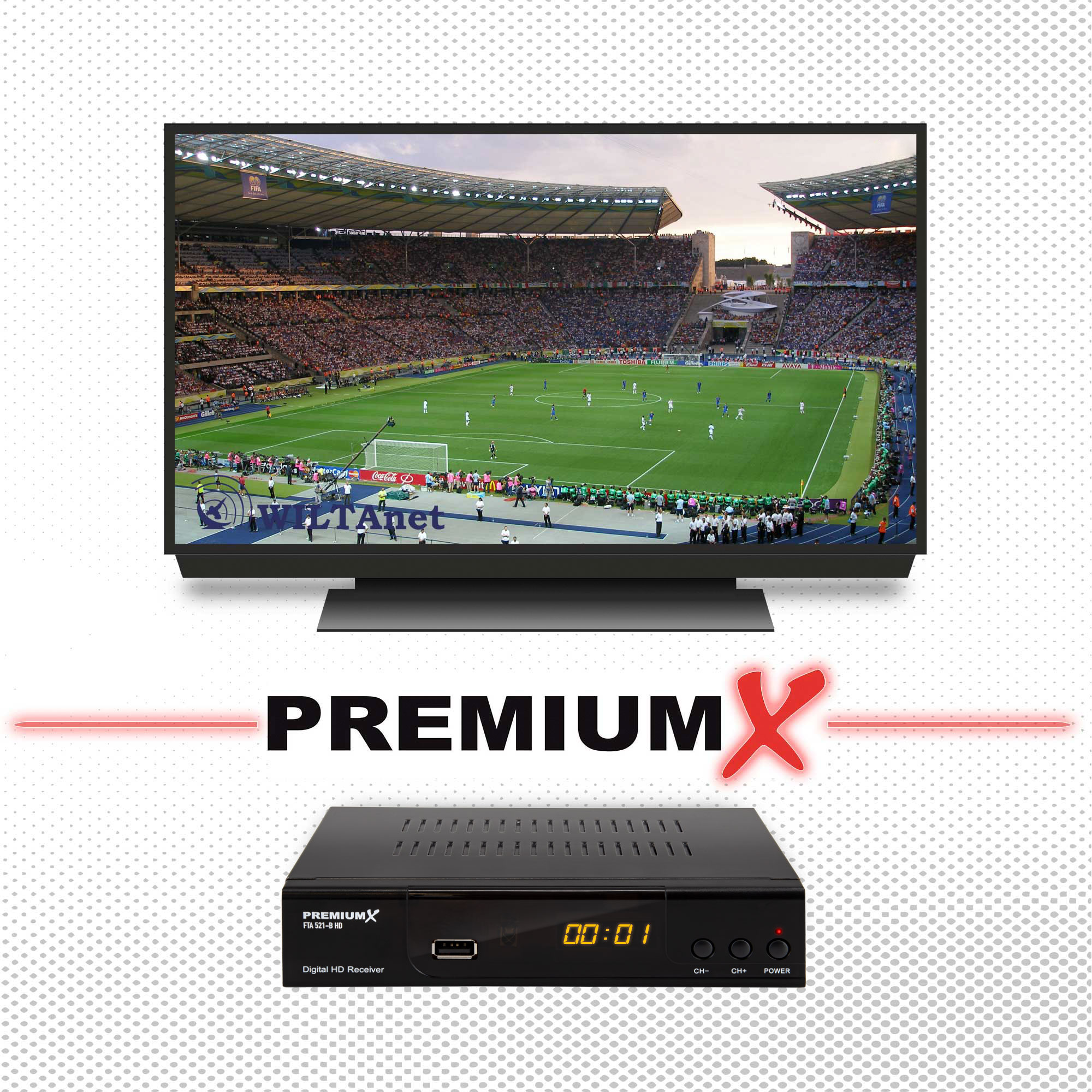 Schwarzer Fernseher mit Fußballspiel auf dem Bildschirm, ein Receiver darunter.